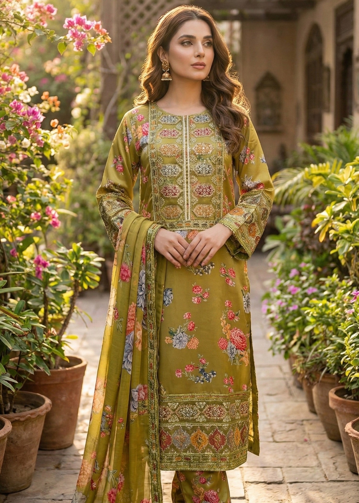 pk charmuse silk Kurta Set in Multi, pear