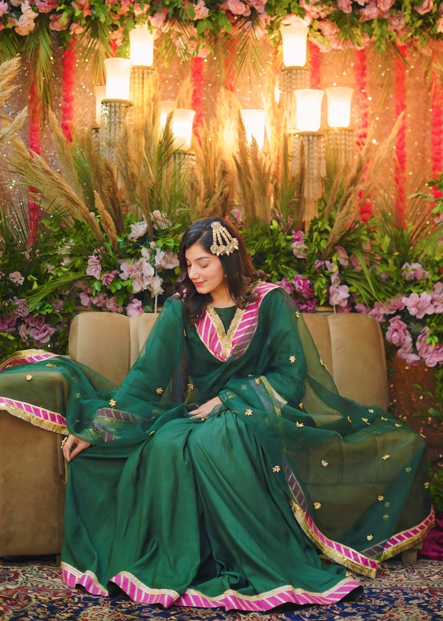 georgette silk Gharara in Bottle green