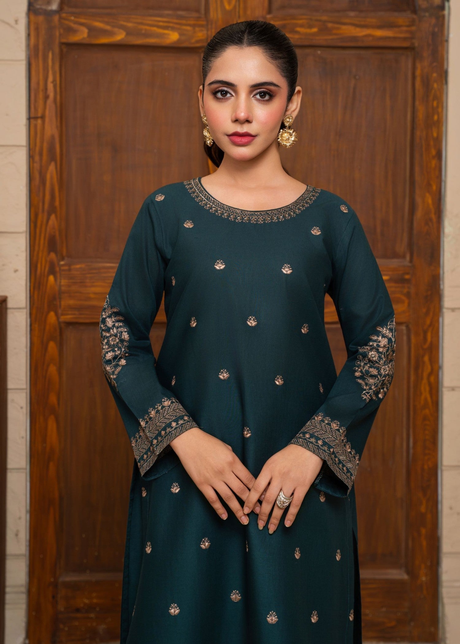 cotton Kurta Set in Bottle green