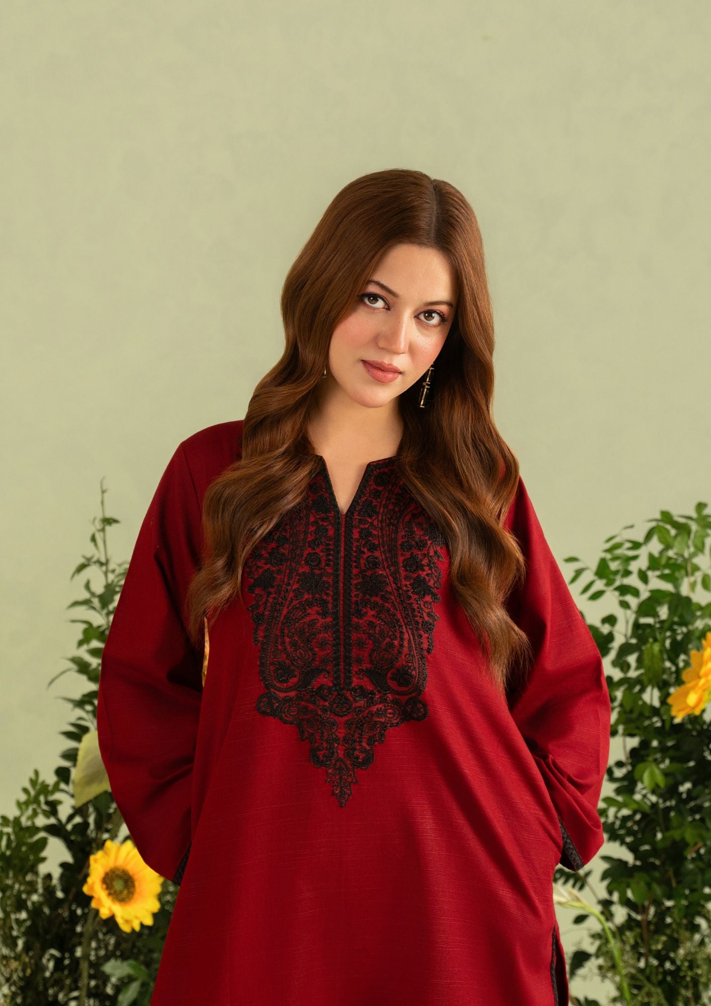 slub khaddar Kurta Set in Maroon