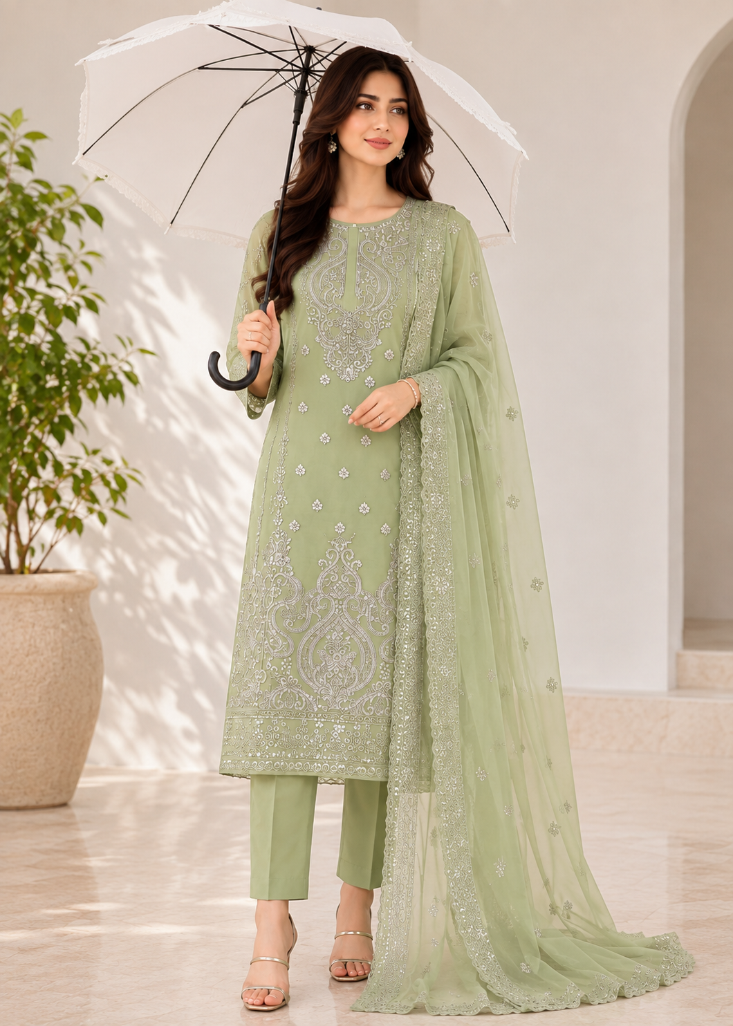 organza Kurta Set in Sage green