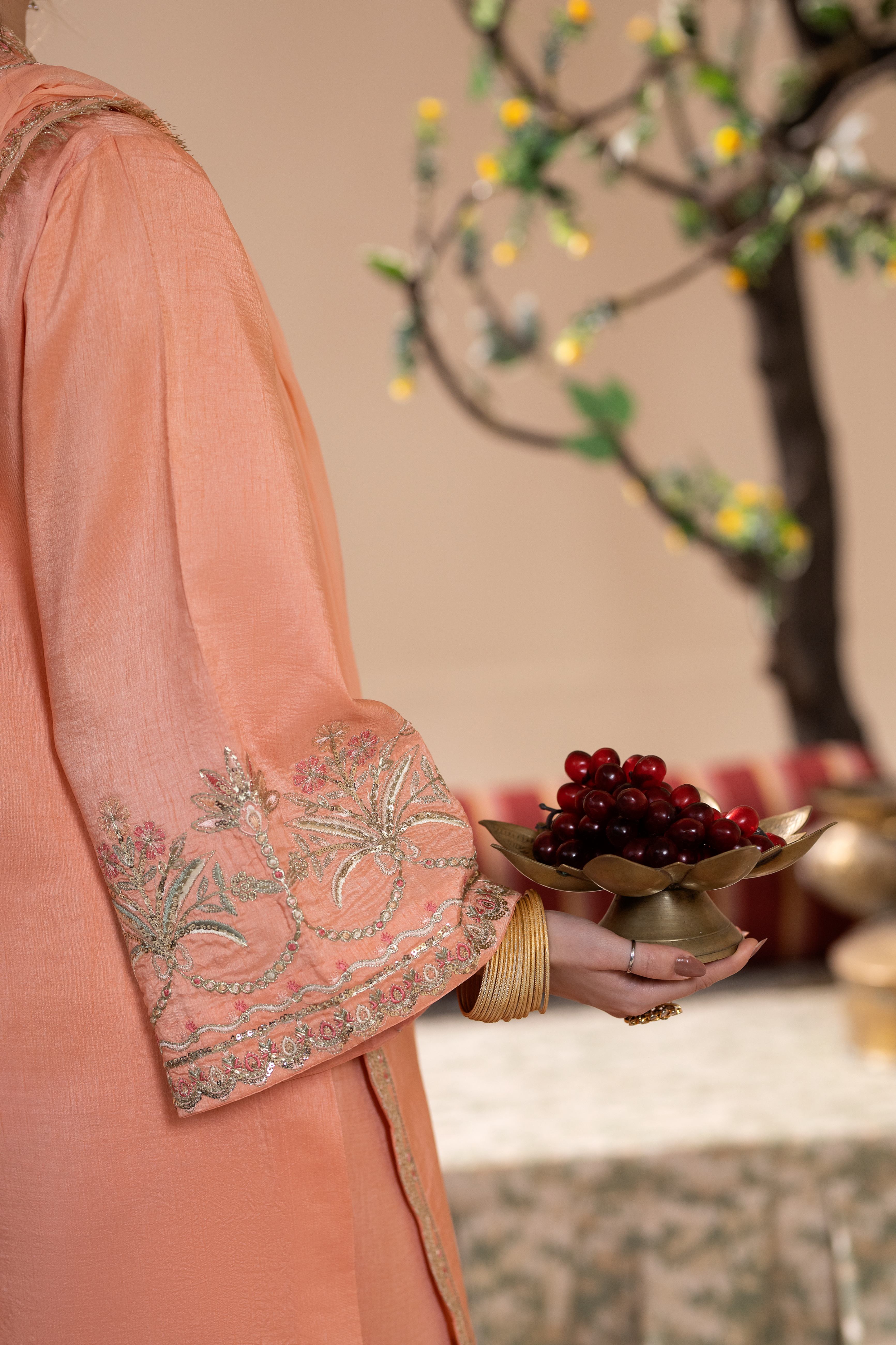 korean raw silk Kurta Set in Apricot orange