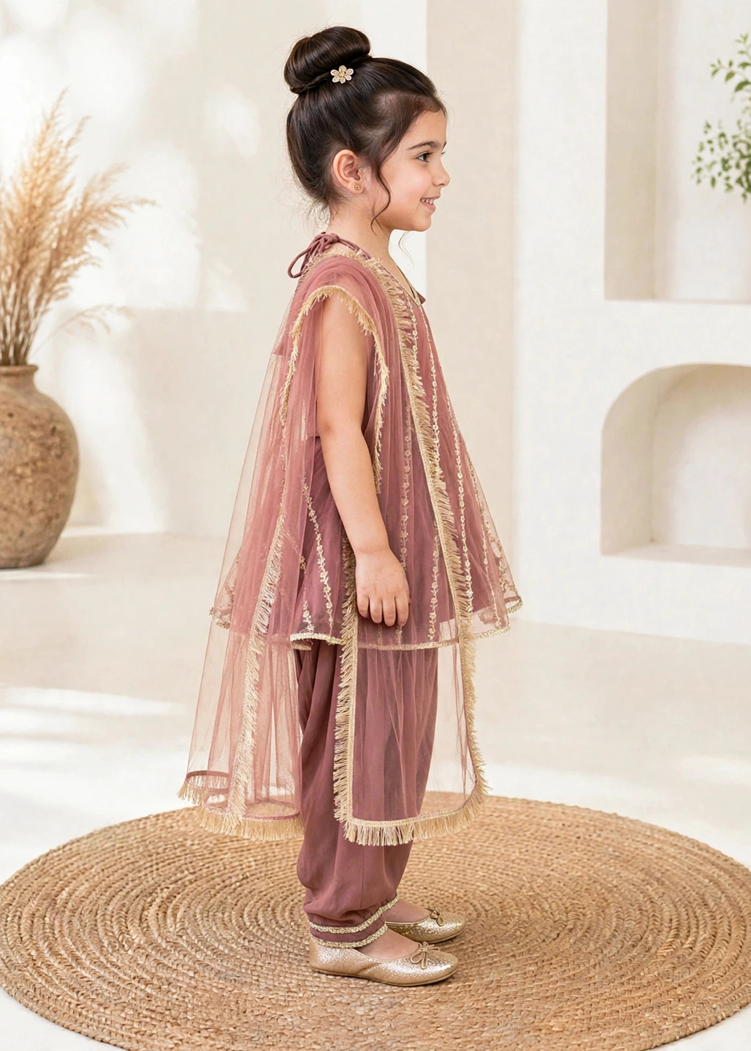 net Short Frock in Indian pink