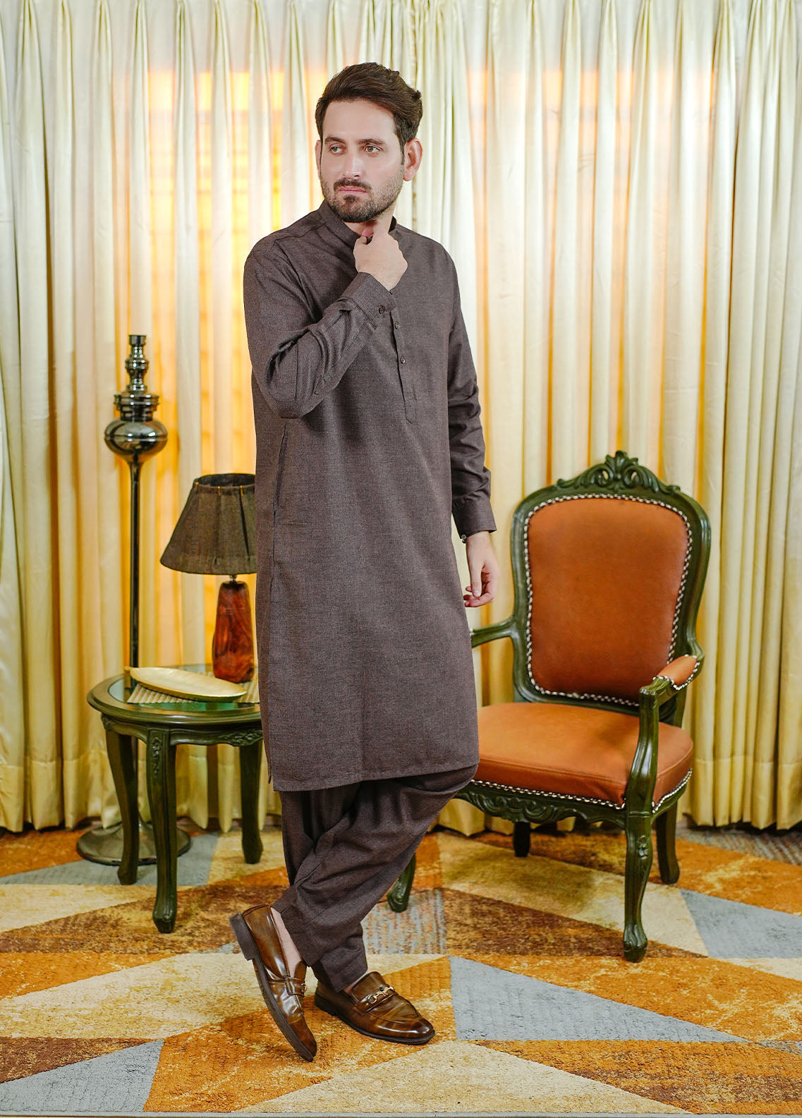 acrylic wool Shalwar Kameez in Mocha brown