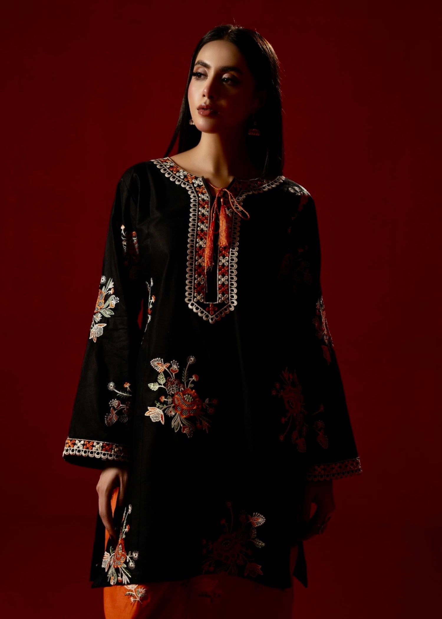 cambric Kurta Set in Black, pumpkin orange