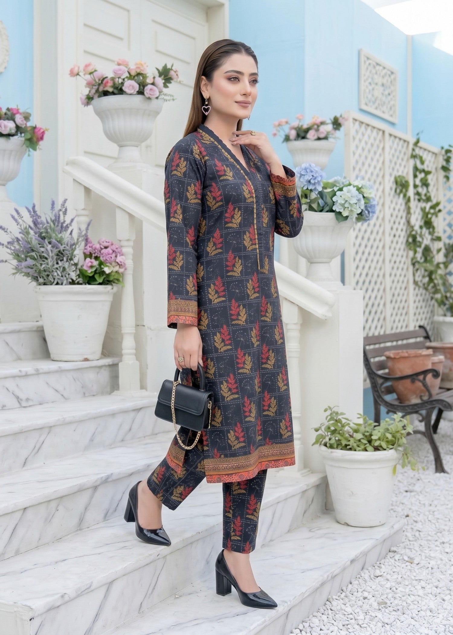 lawn Kurta Set in Carmine, aegean blue