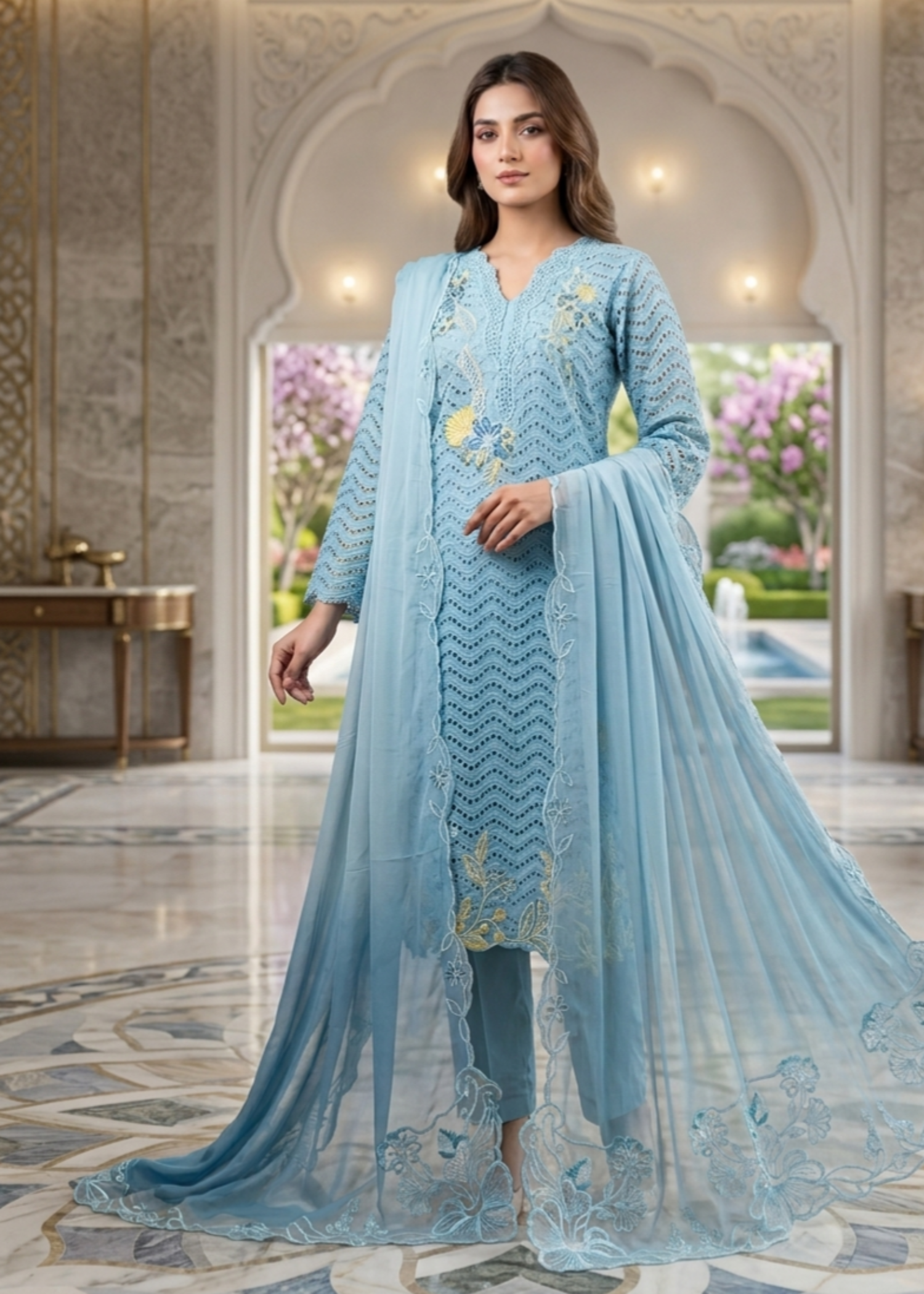 poly lawn Kurta Set in Powder blue, sky blue