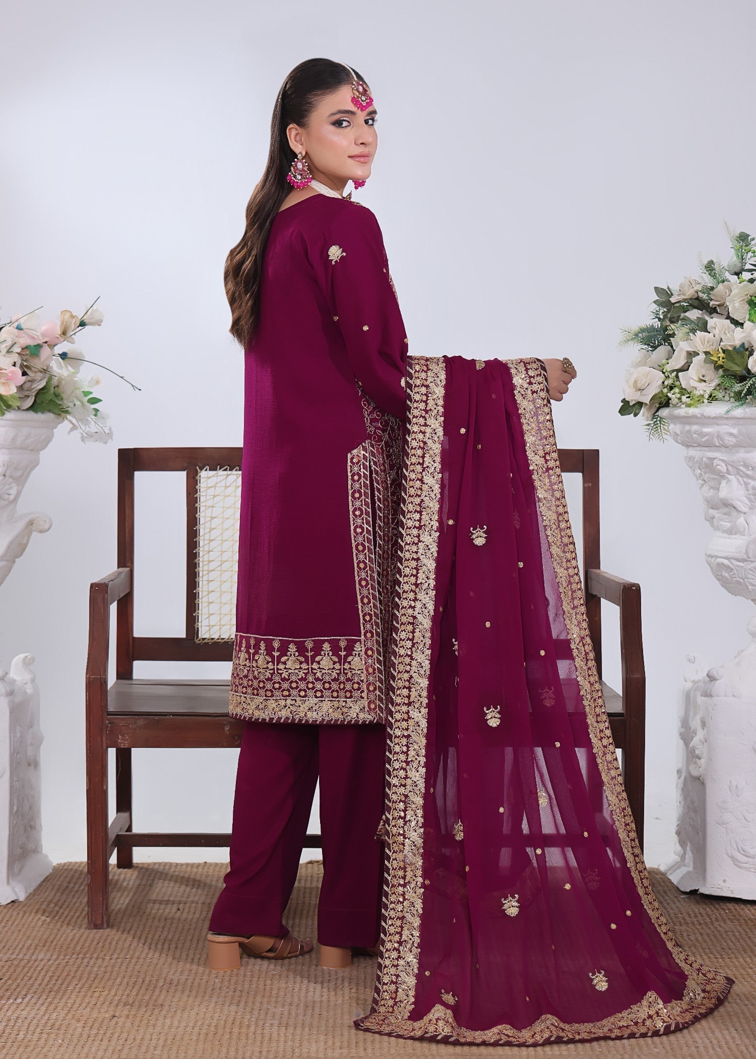 chiffon Kurta Set in Magenta haze