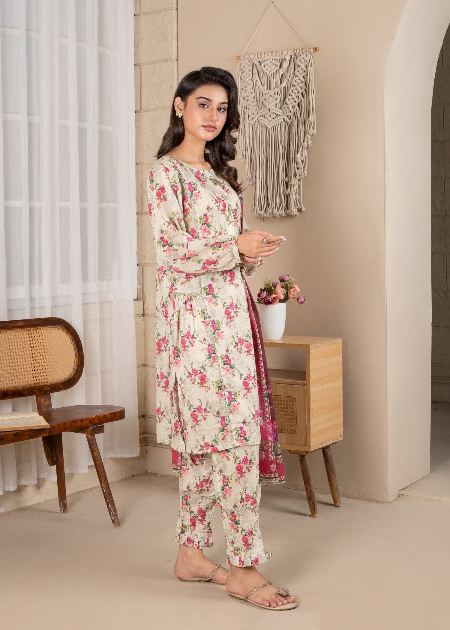 textured lawn Kurta Set in Cream