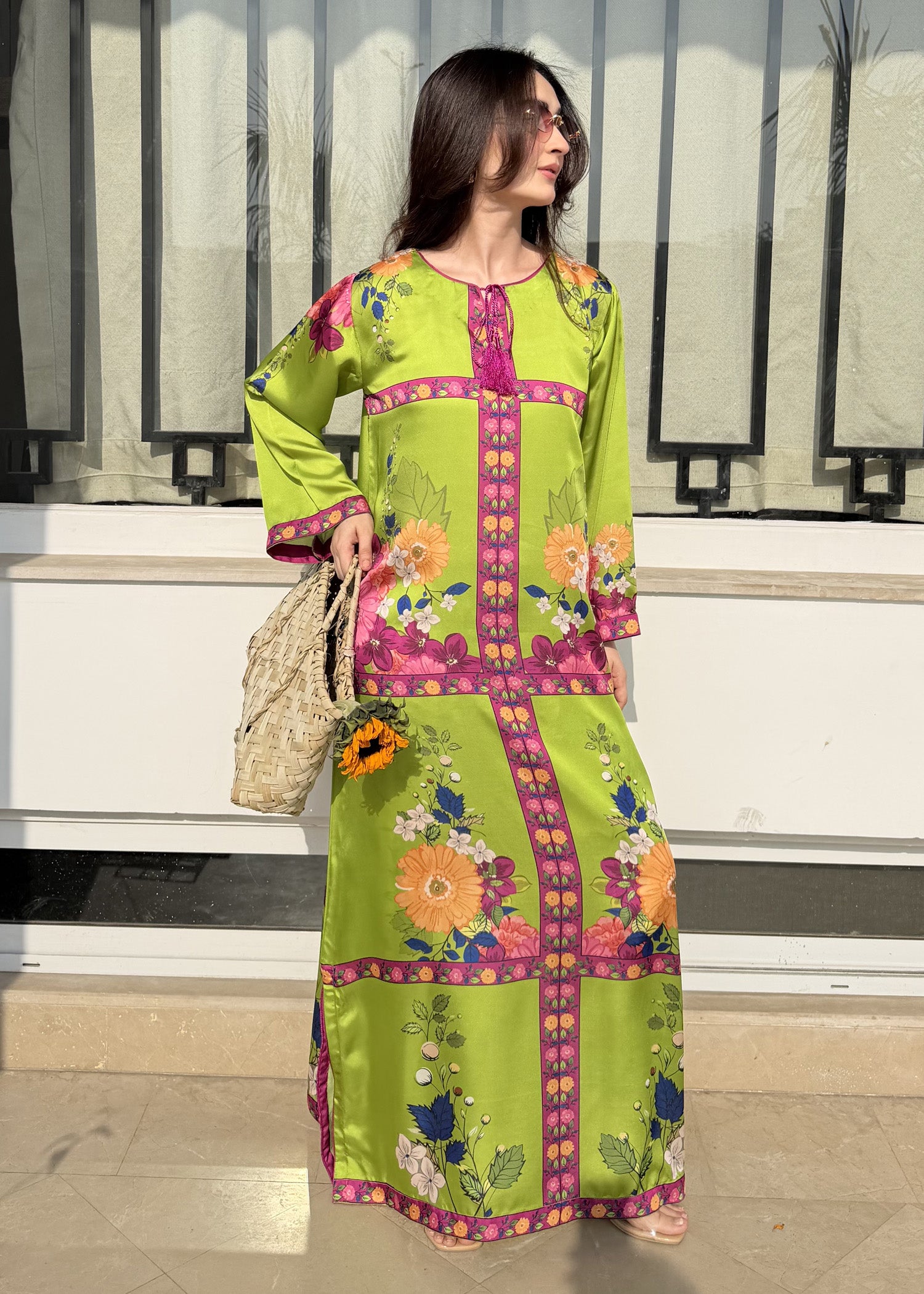 satin silk Kaftan in Apple green