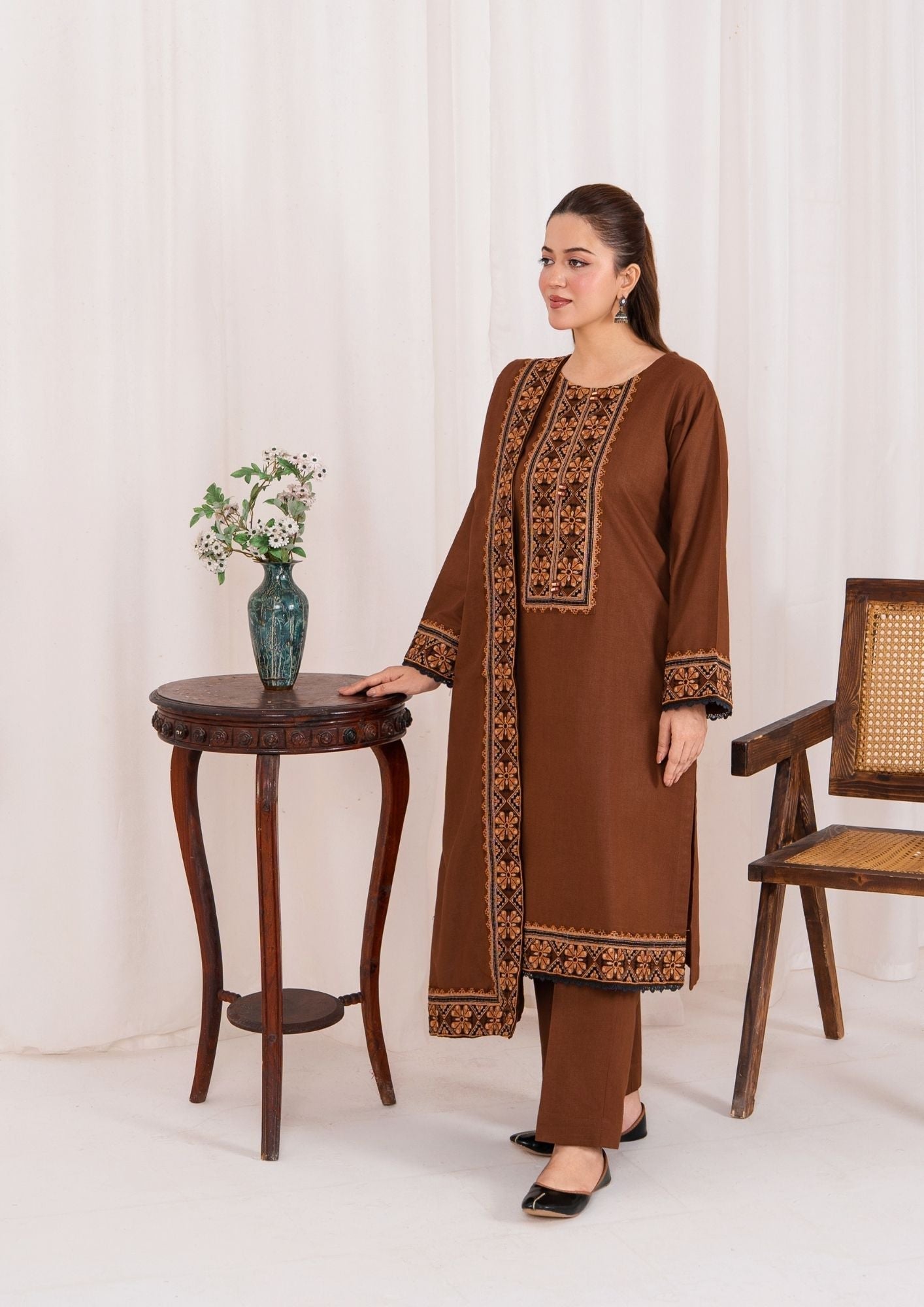 khaddar Kurta Set in Chocolate brown