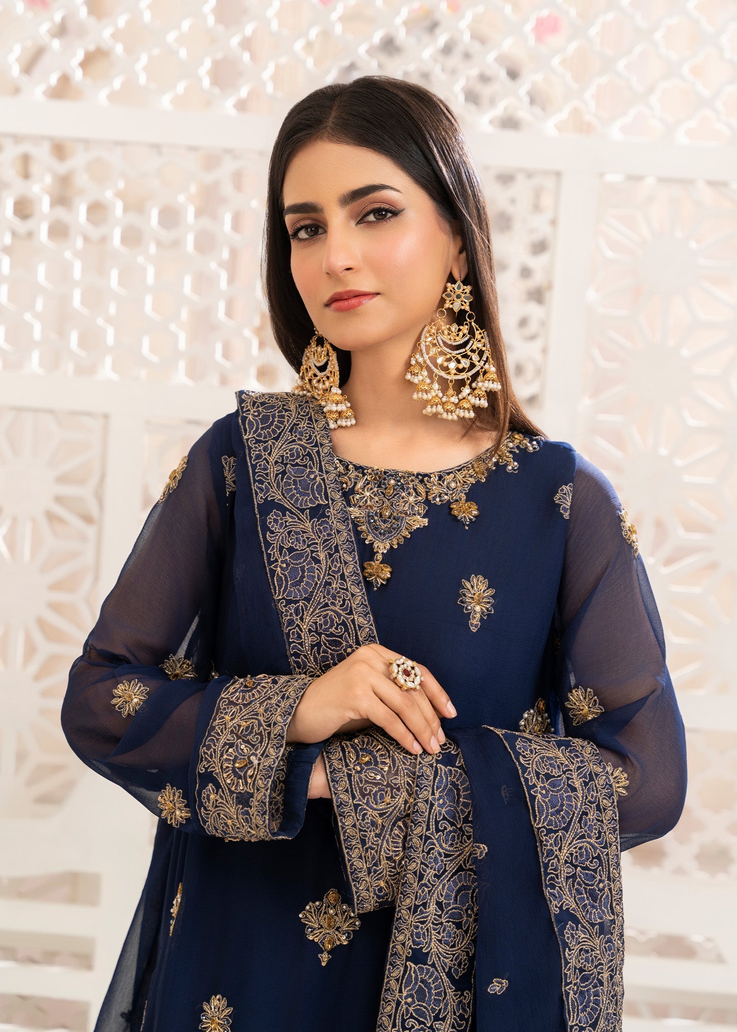 chiffon Kurta Set in Dark blue