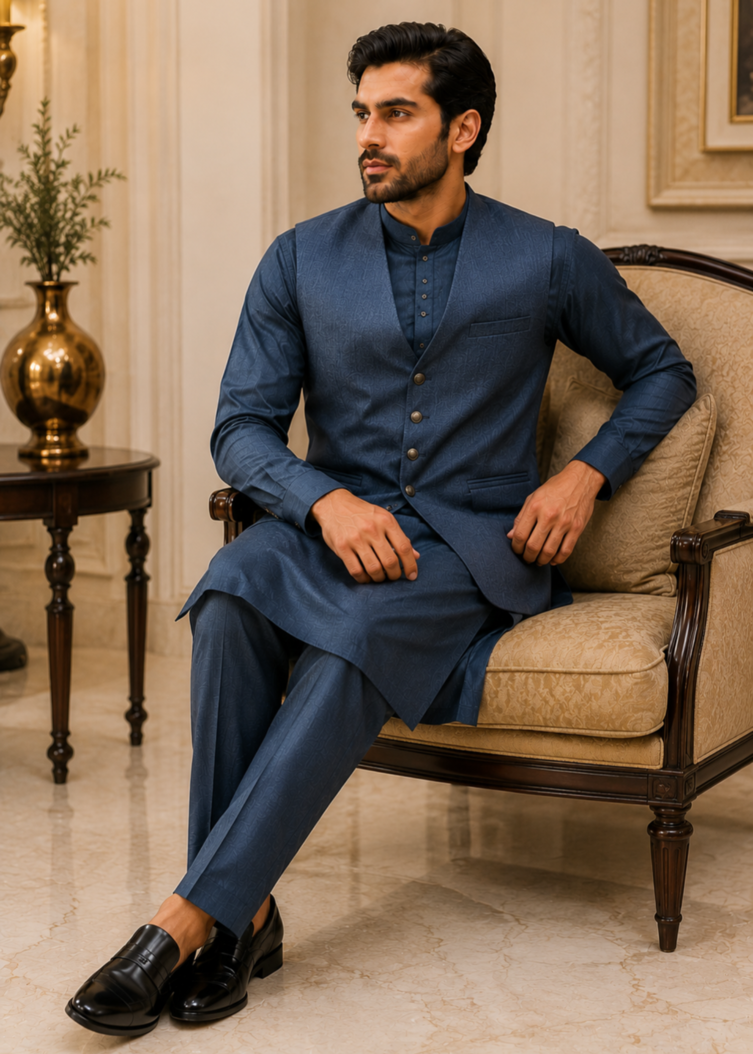textured wash & wear Waistcoat in Midnight blue