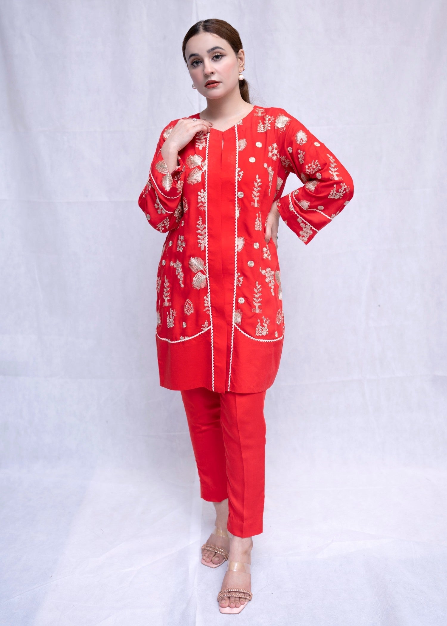 linen Kurta Set in Tomato red