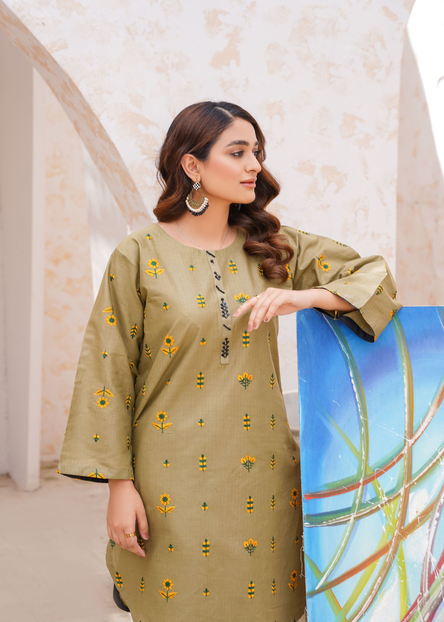 cotton dobby Kurta Set in Olive green