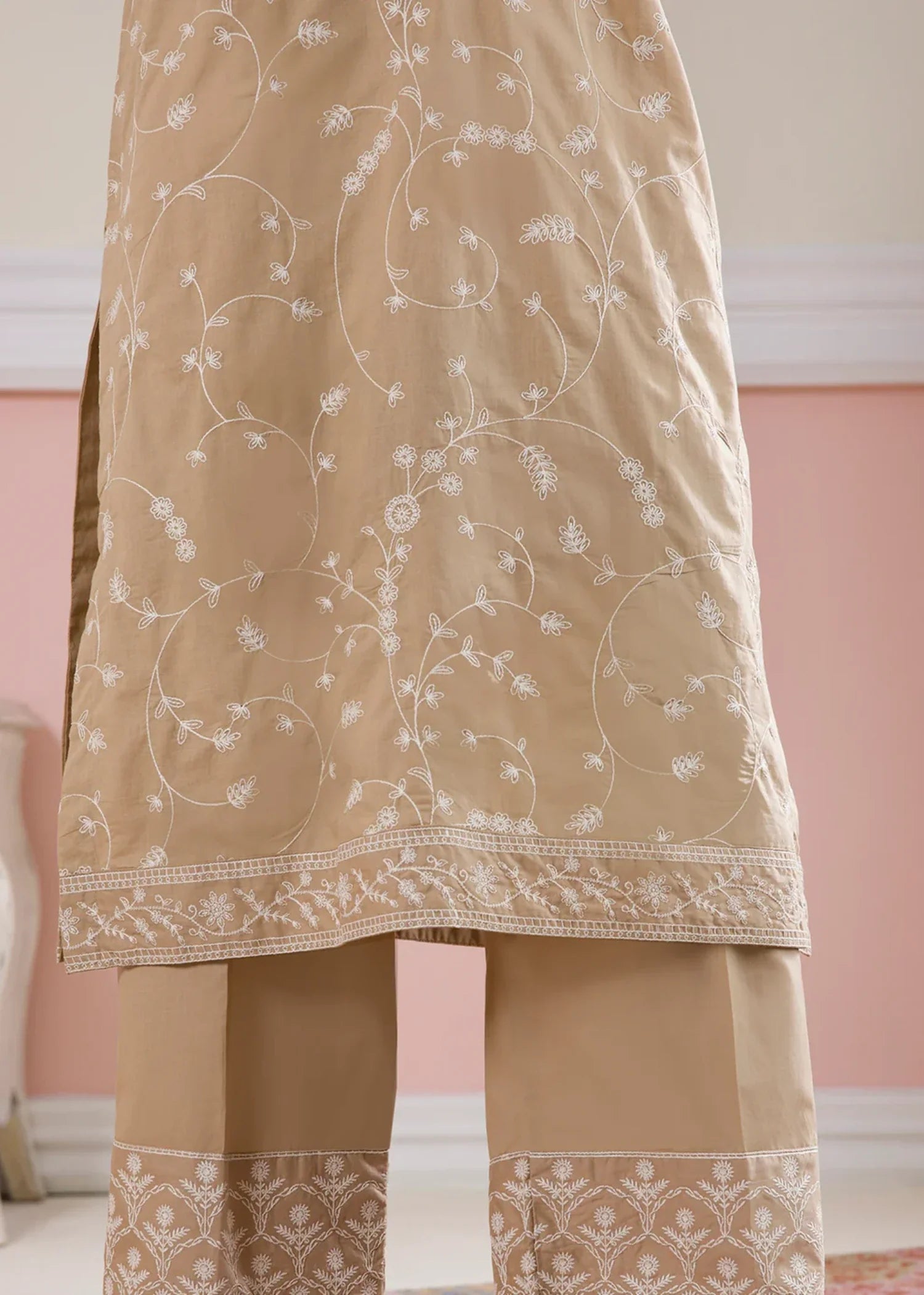 cambric Kurta Set in Sand brown