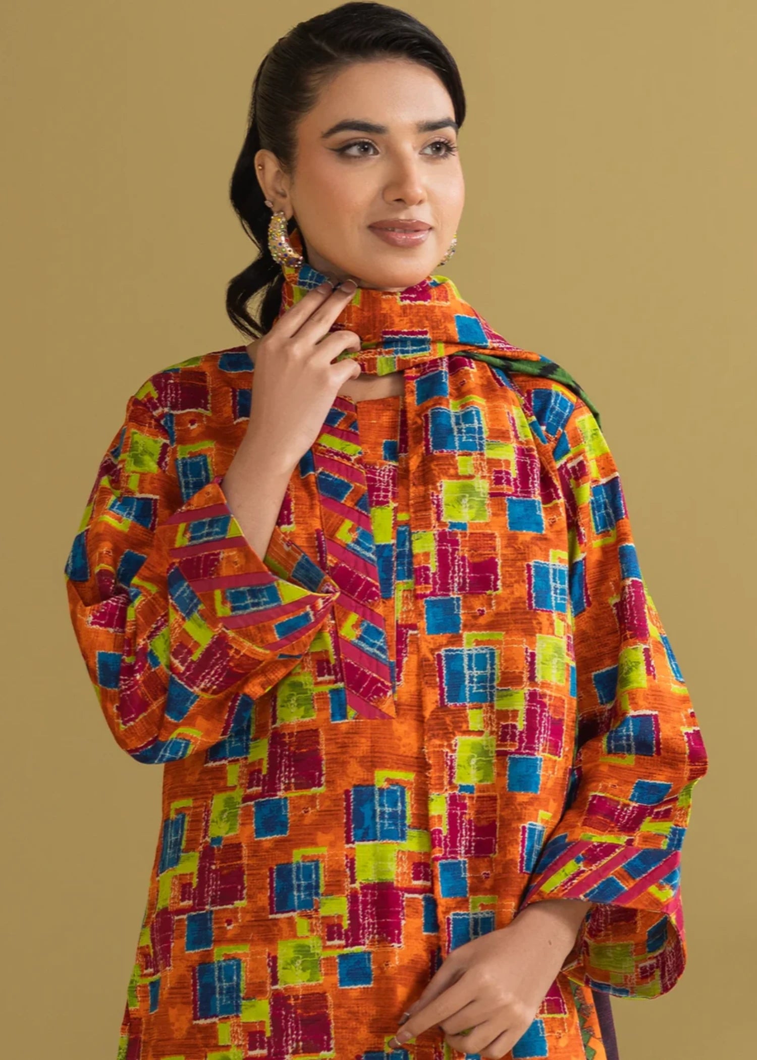 khaddar Unstitched in Multi, orange