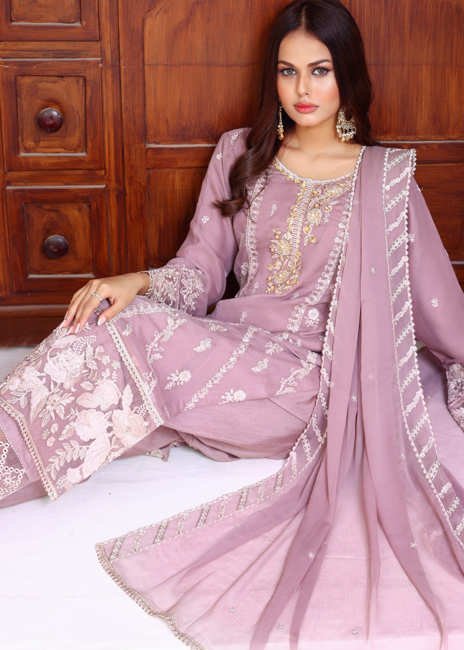 bemberg crinkle chiffon Kurta Set in Lilac