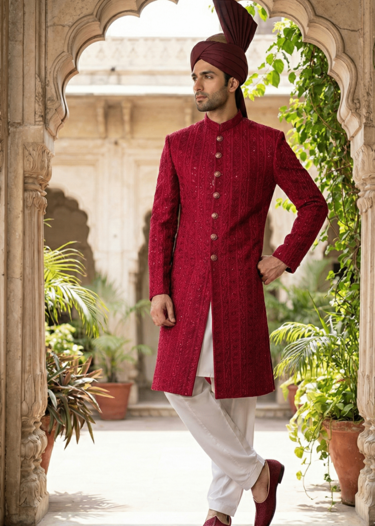 silk Sherwani in Red