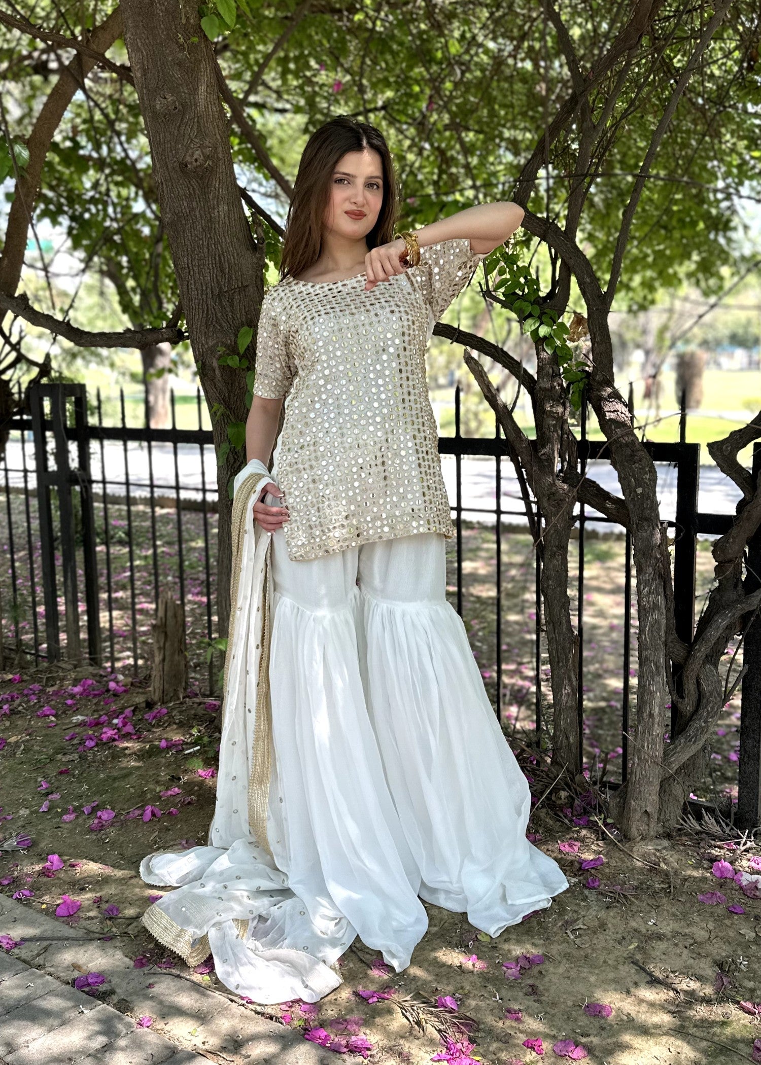 bemberg crinkle chiffon Gharara in White