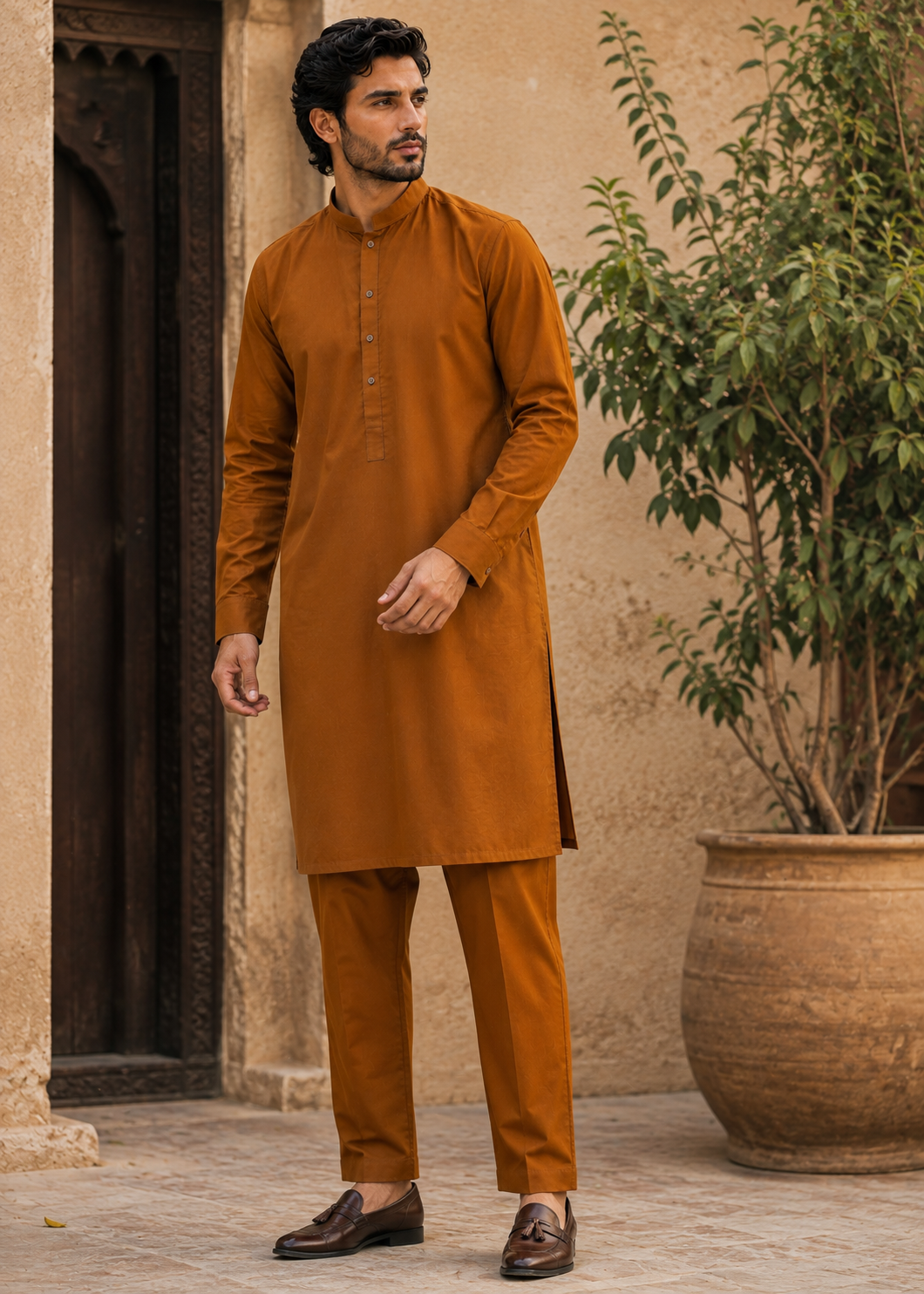 wash & wear Kurta Set in Rust orange
