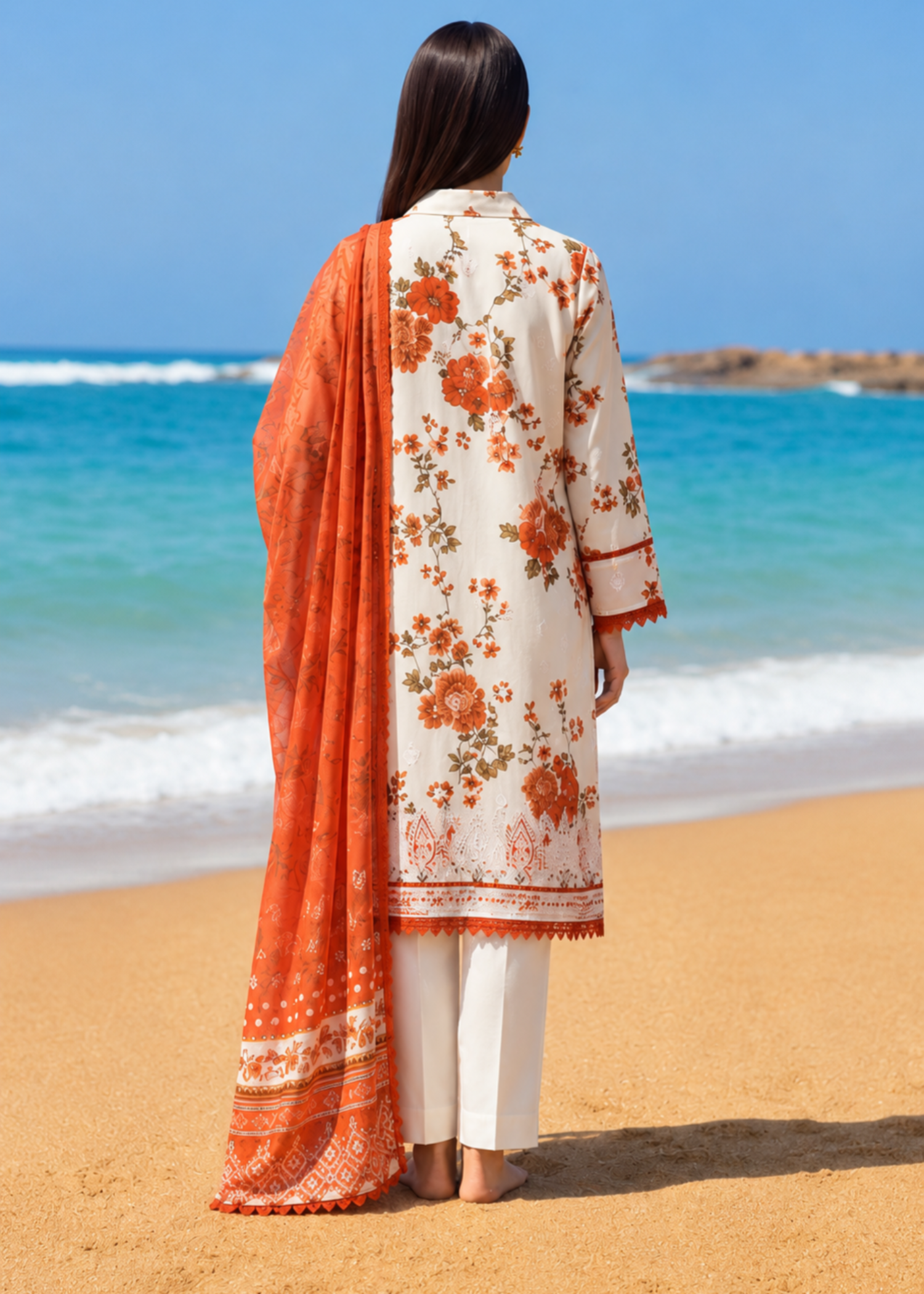 lawn Kurta Set in White, pumpkin orange