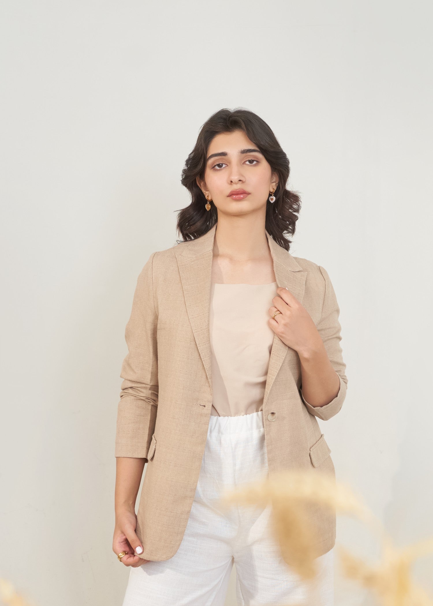 injected slub Blazer in Khaki brown
