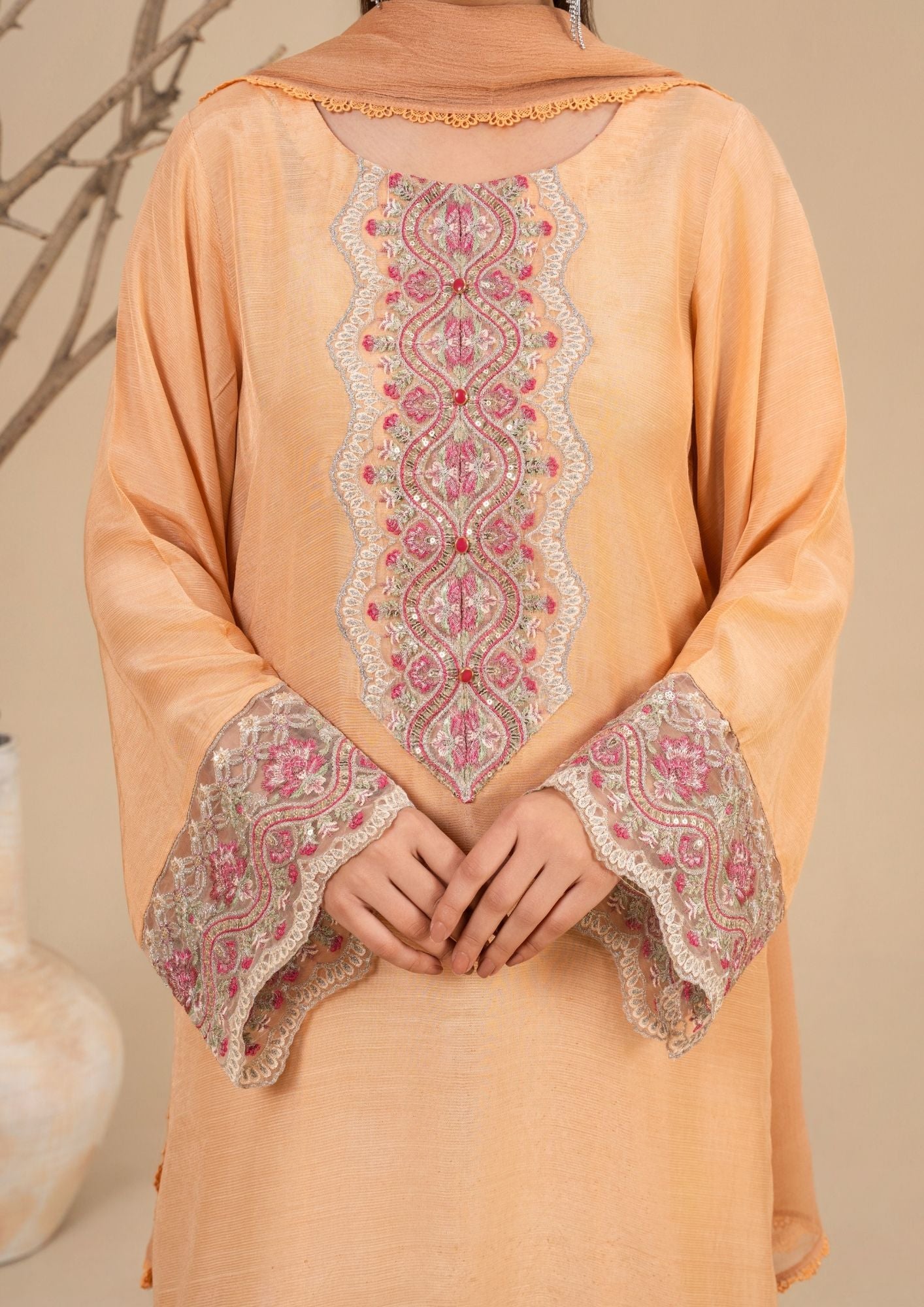 viscose raw silk Kurta Set in Peach orange
