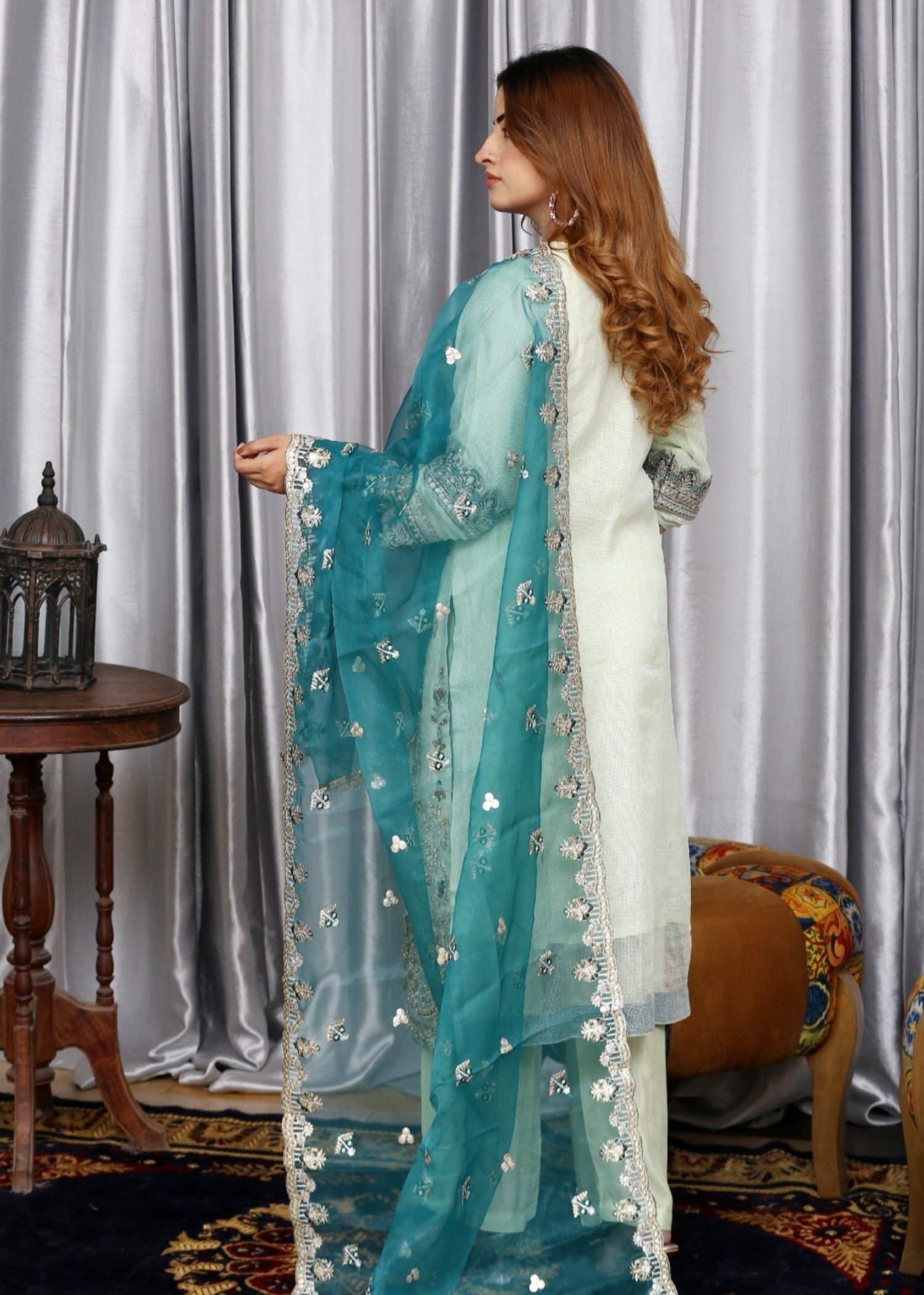 organza Kurta Set in Moss green