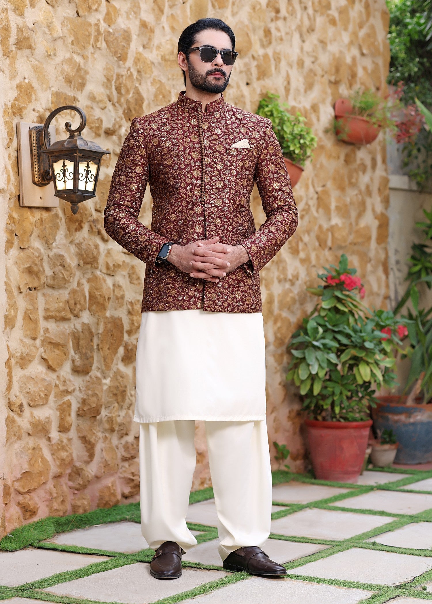 jamawar Prince Coat in Carmine