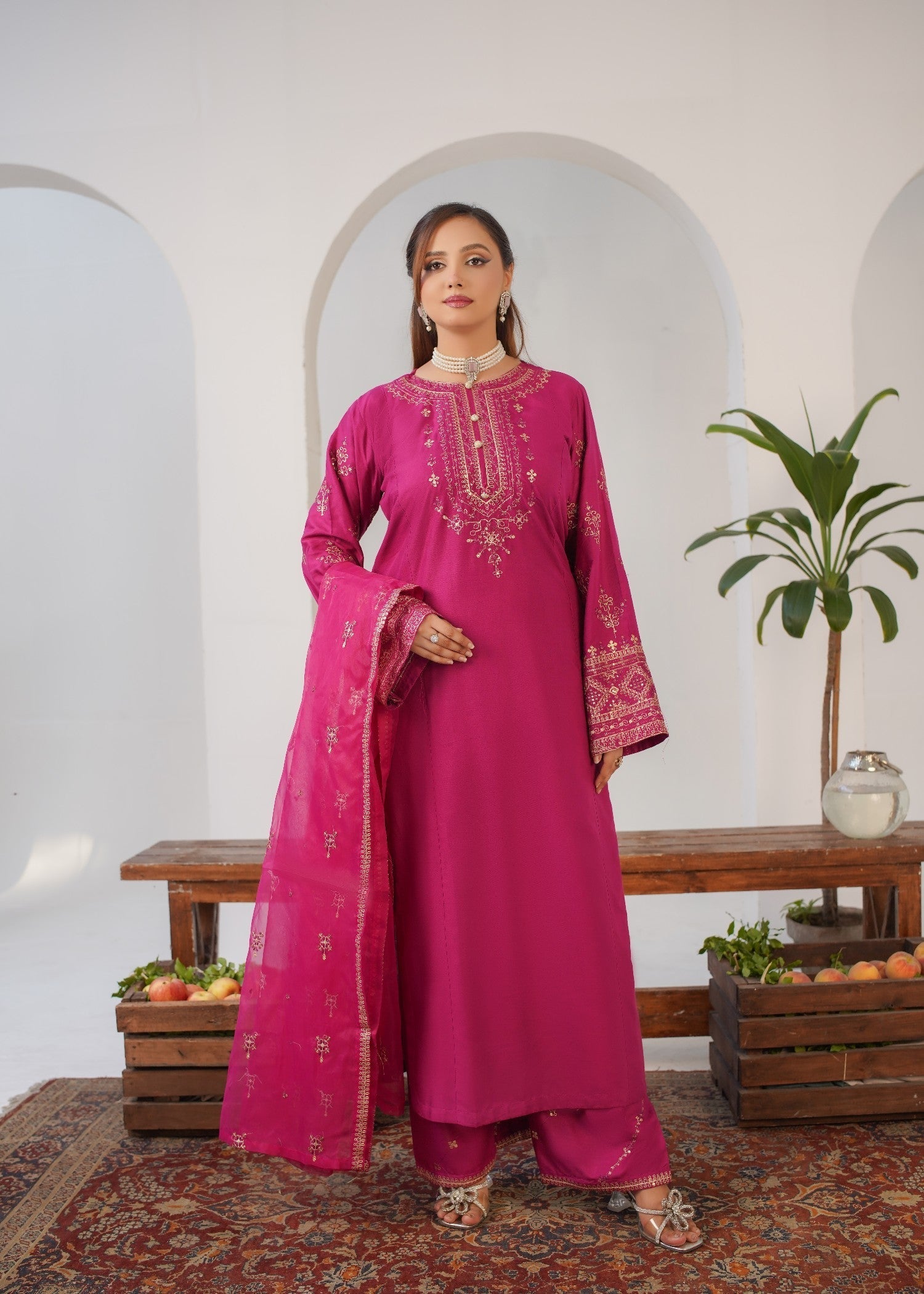 linen Kurta Set in Deep pink