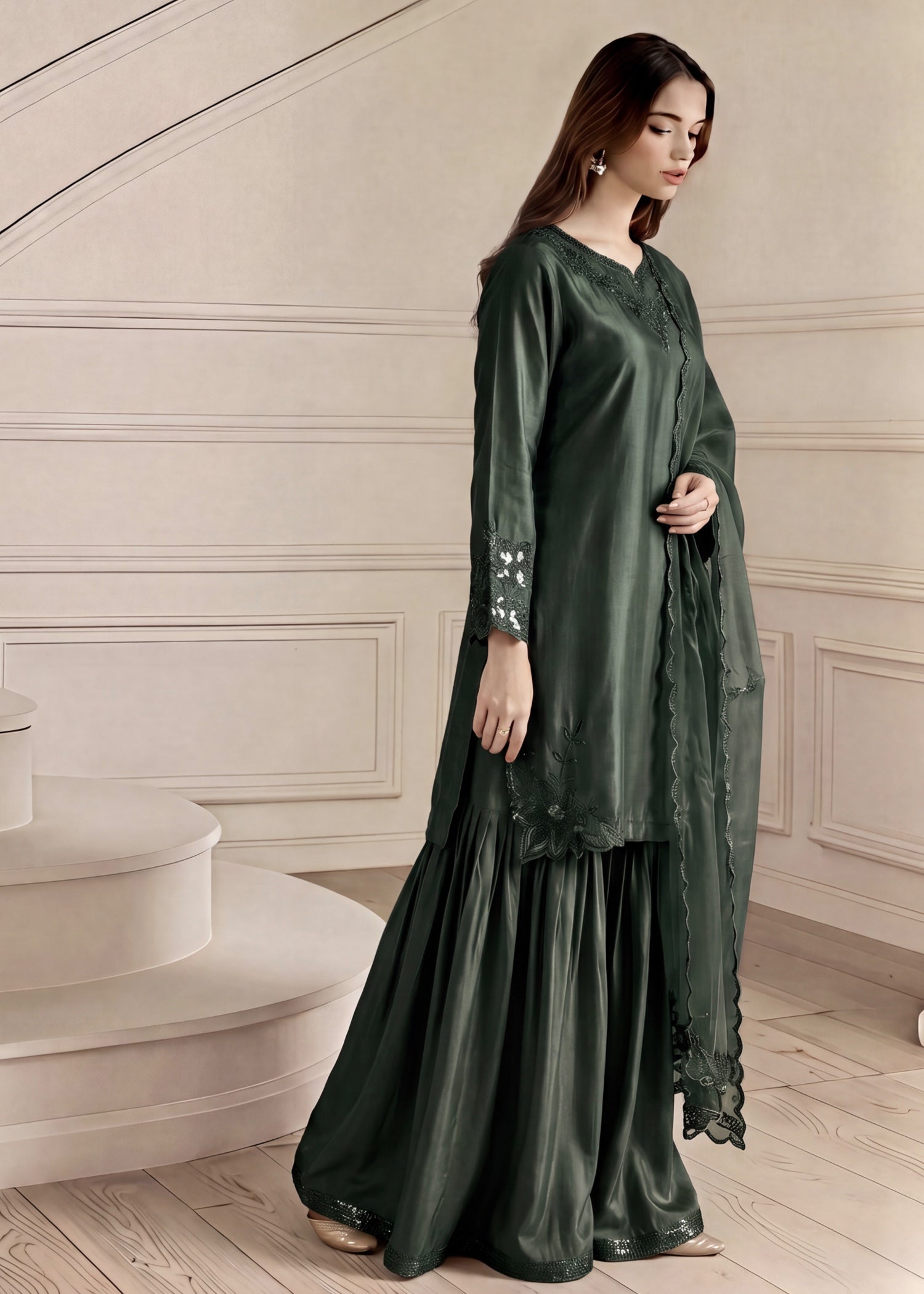silk Gharara in Dark green