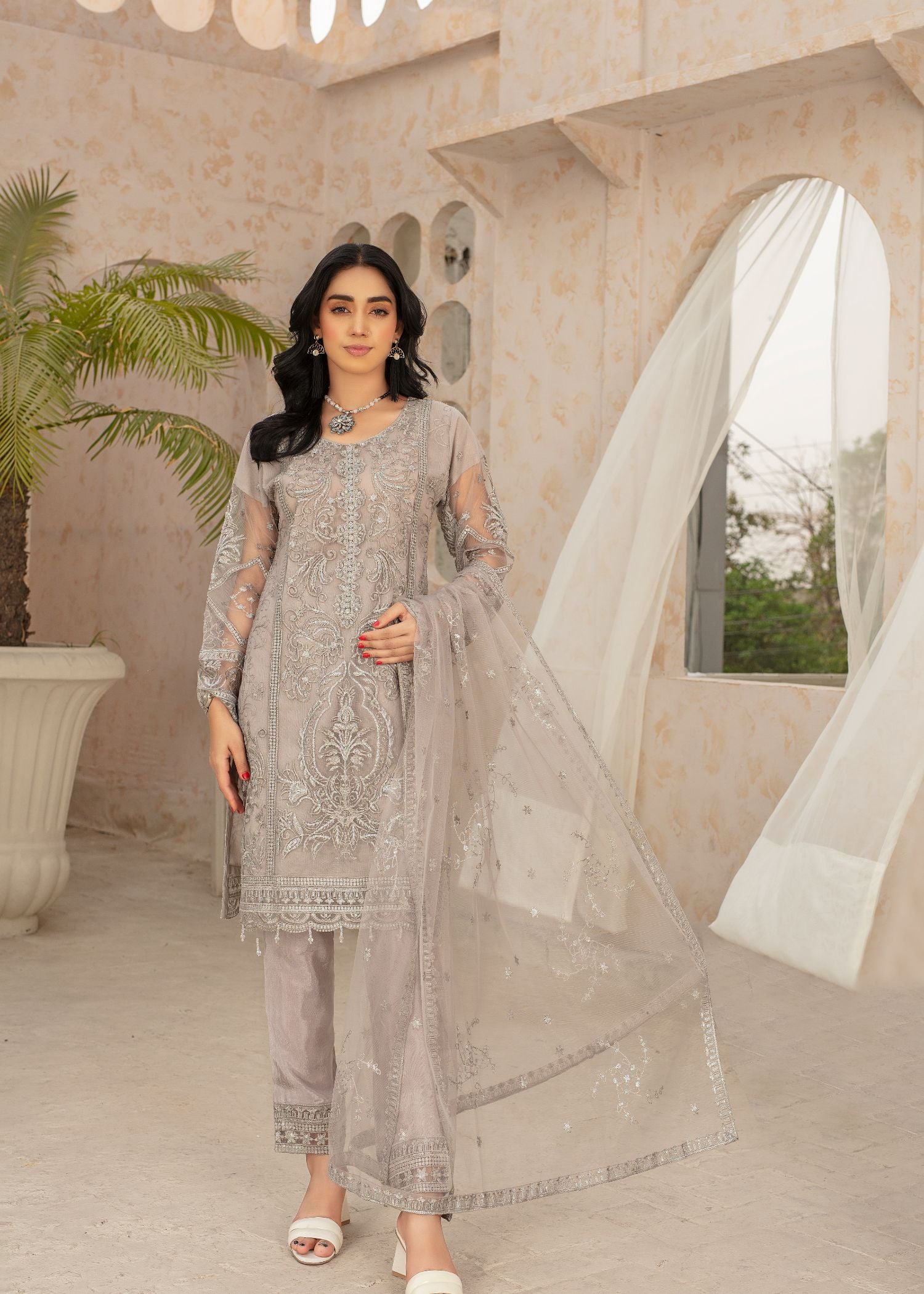 net Kurta Set in Silver