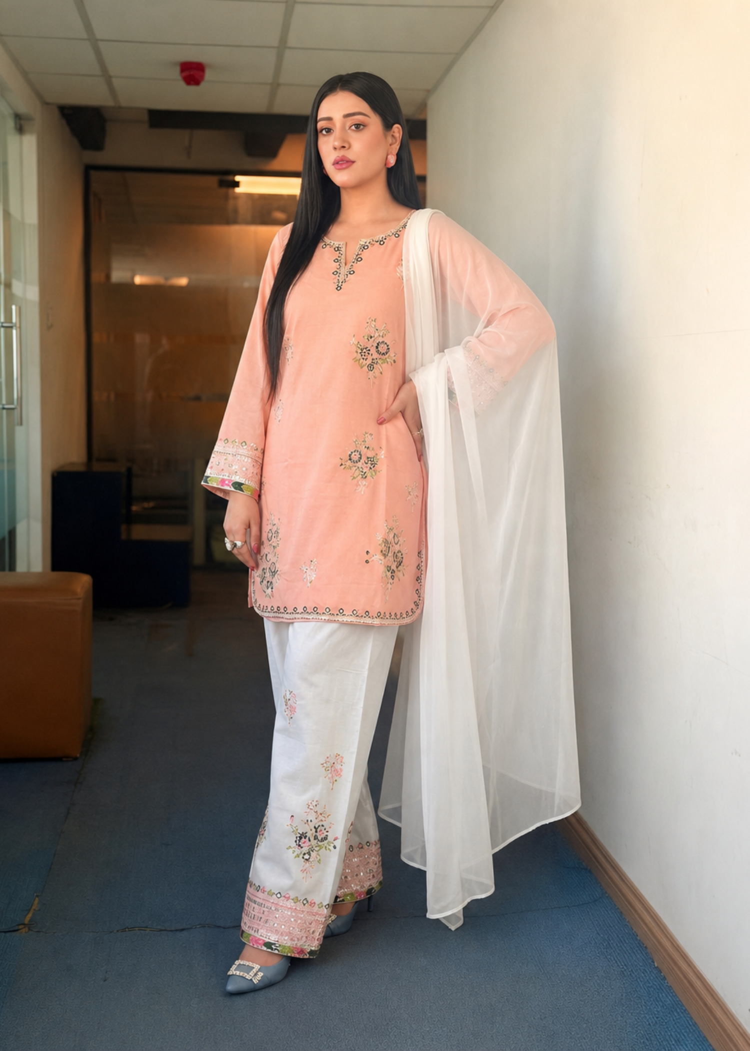 lawn cotton Kurta Set in Off-white, peach pink