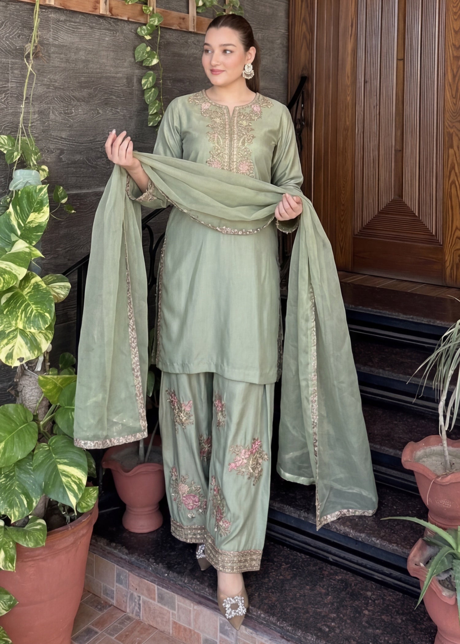 silk Kurta Set in Pastel green