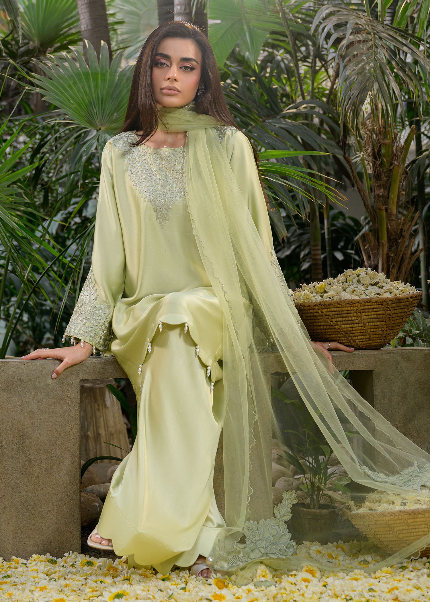 silk charmeuse Kurta Set in Sage green