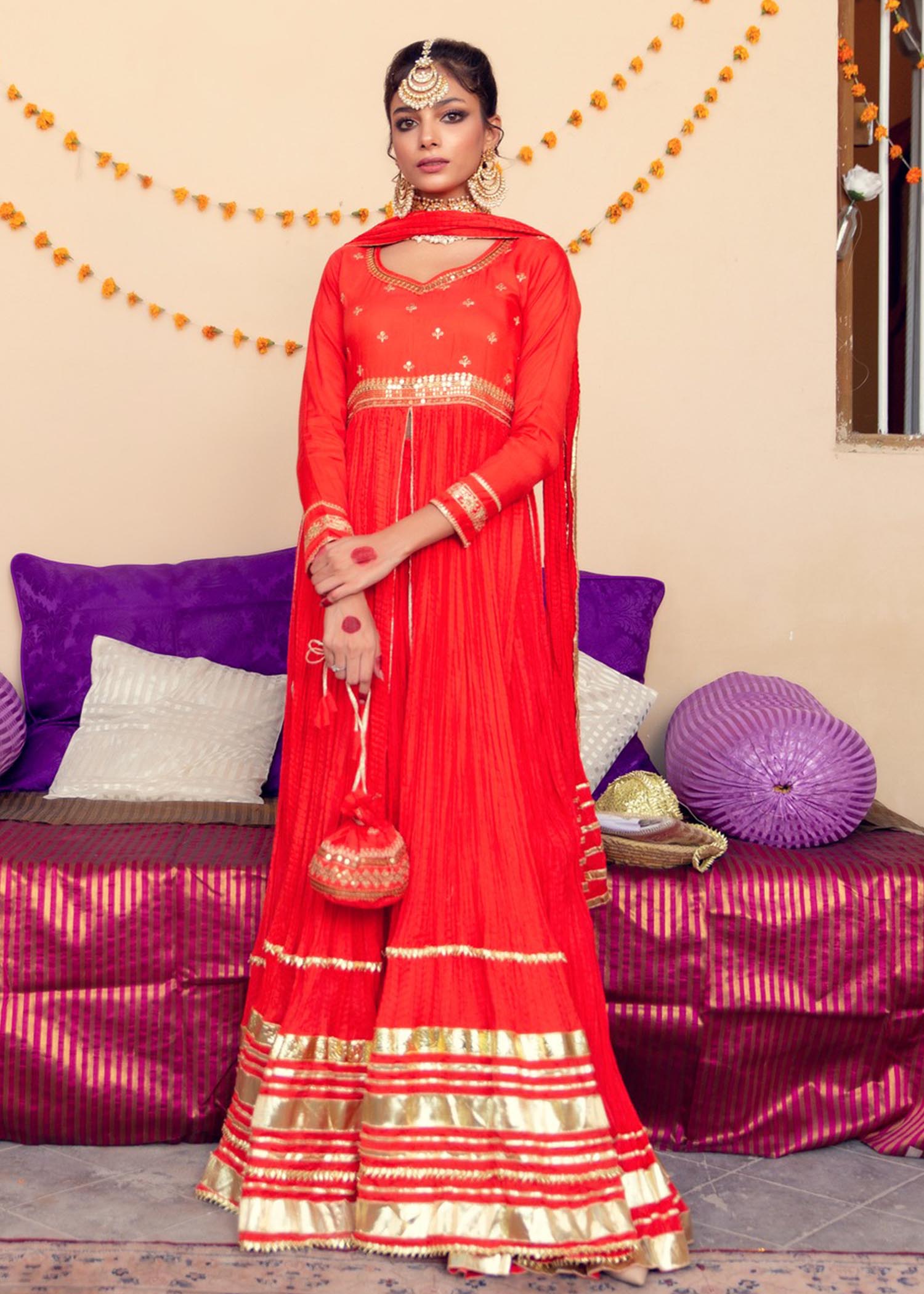 cotton silk Pishwas in Orange