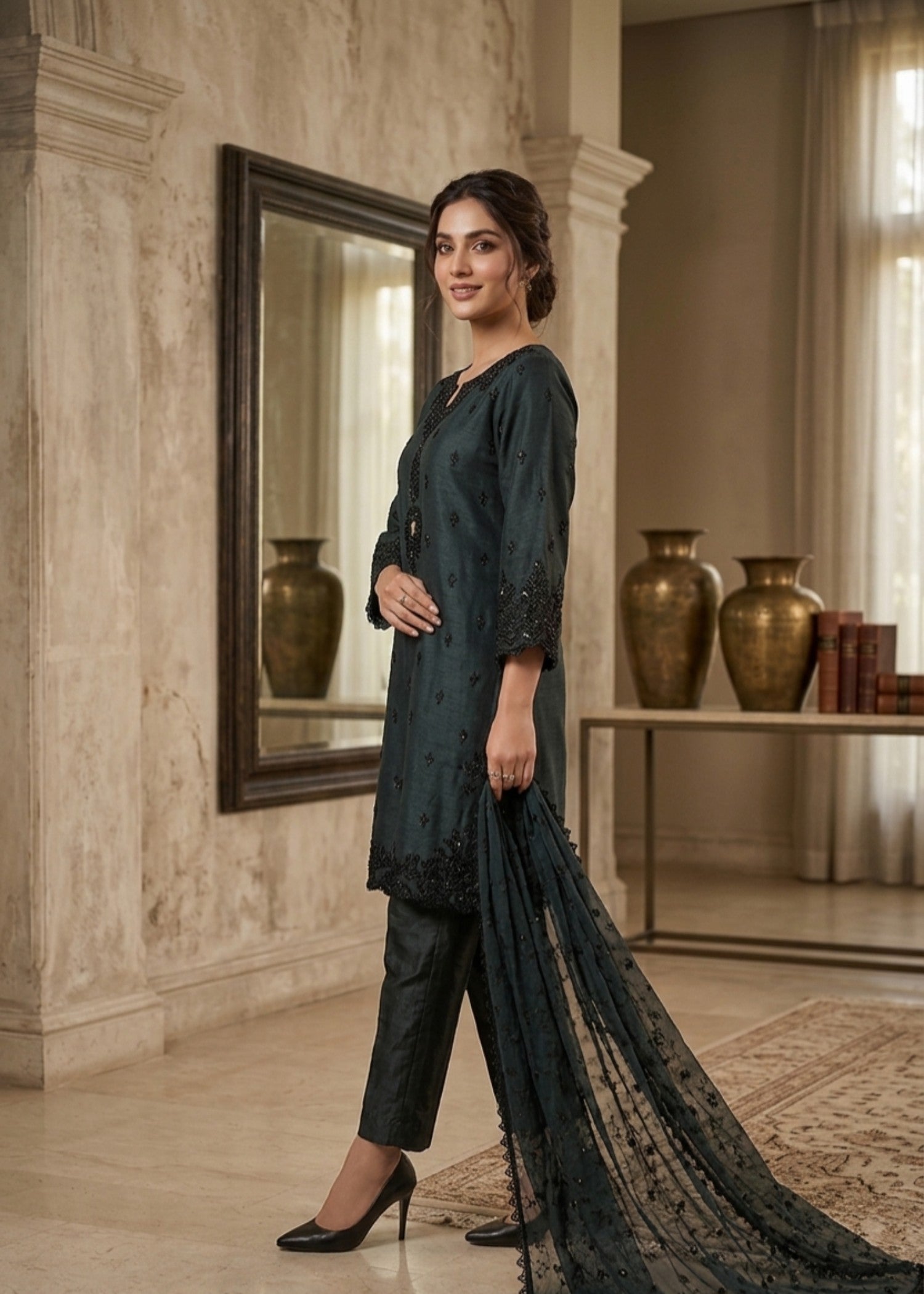 chiffon Kurta Set in Slate grey