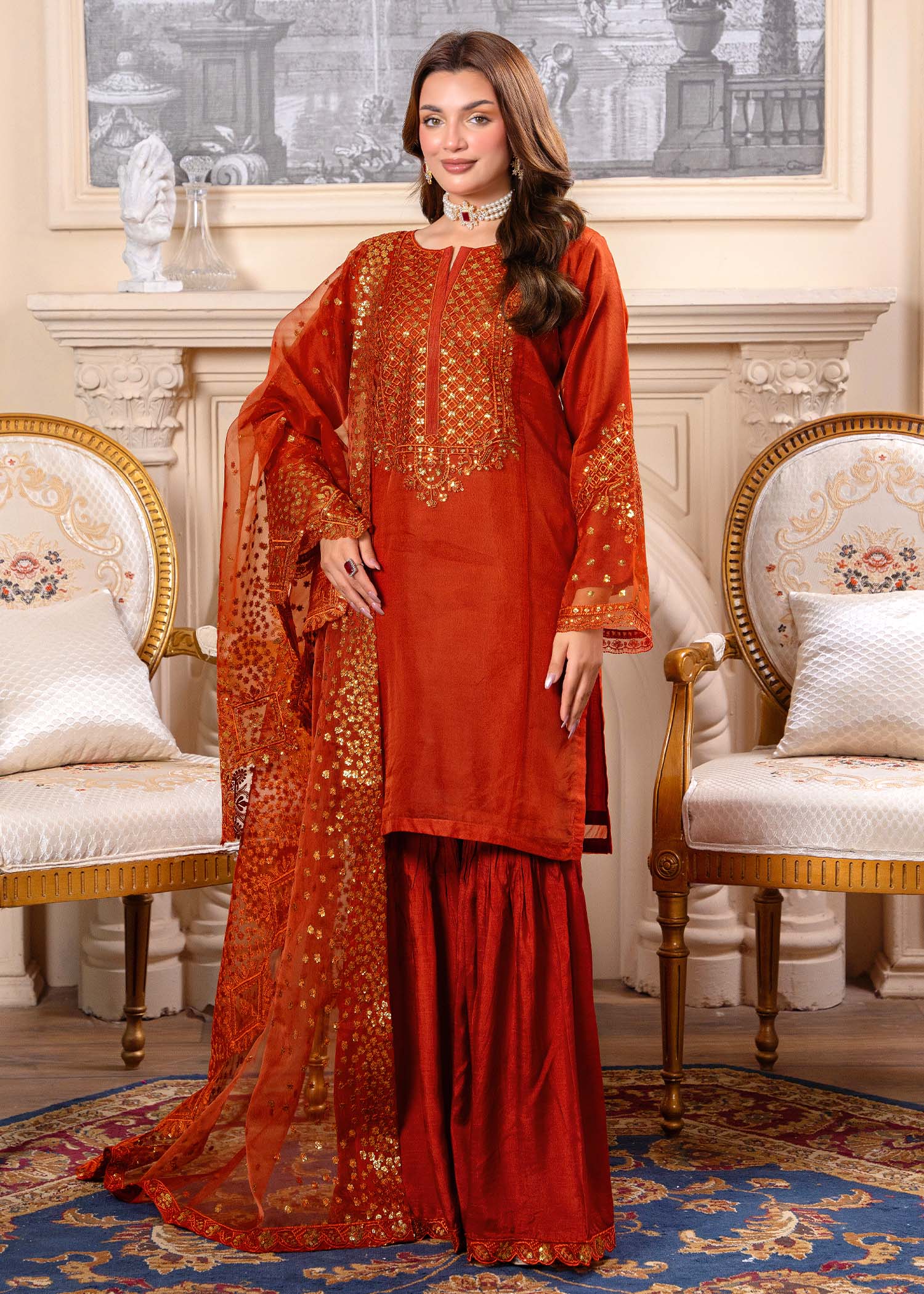 organza Gharara in Rust orange