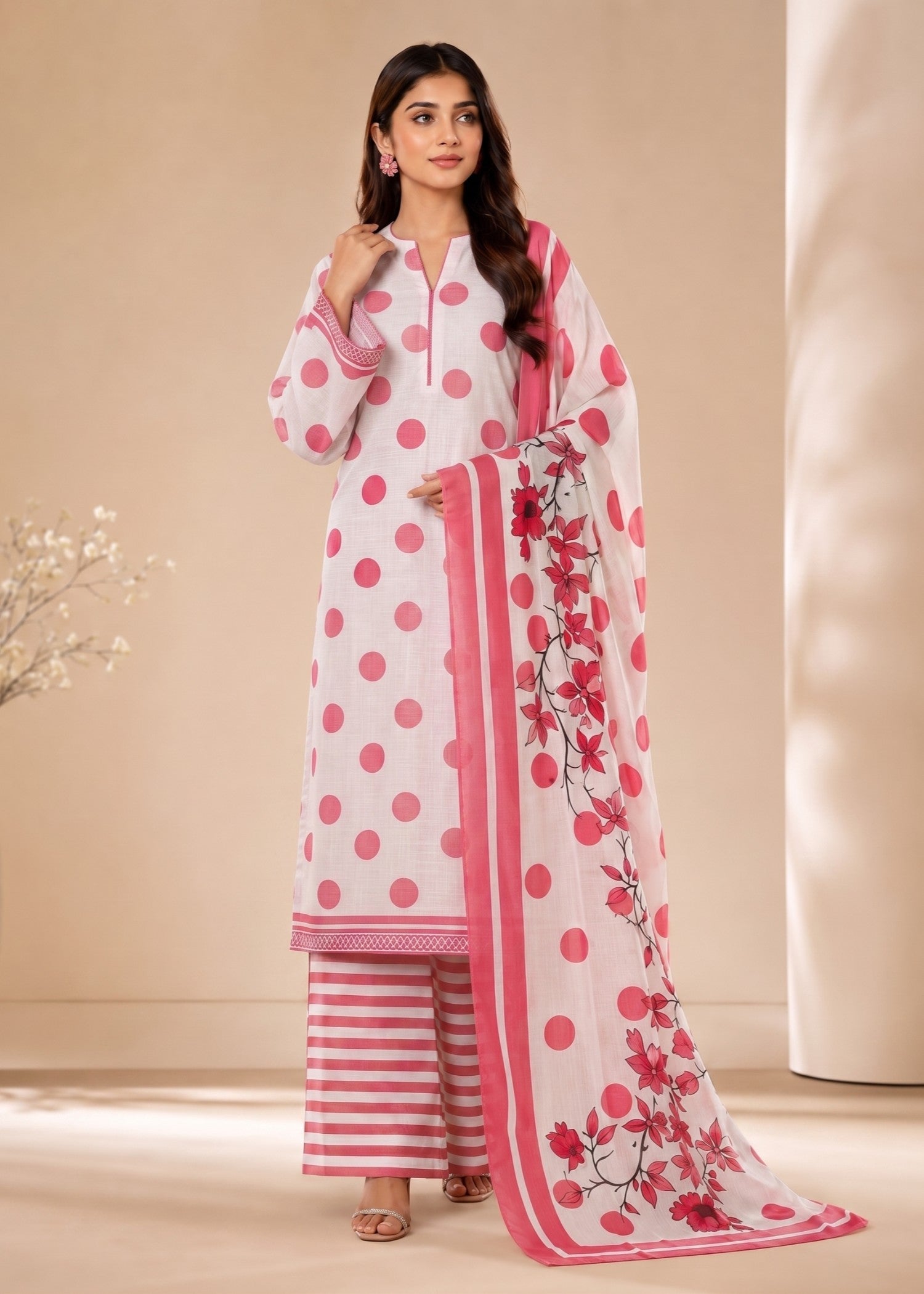 lawn Unstitched in Off-white, pink