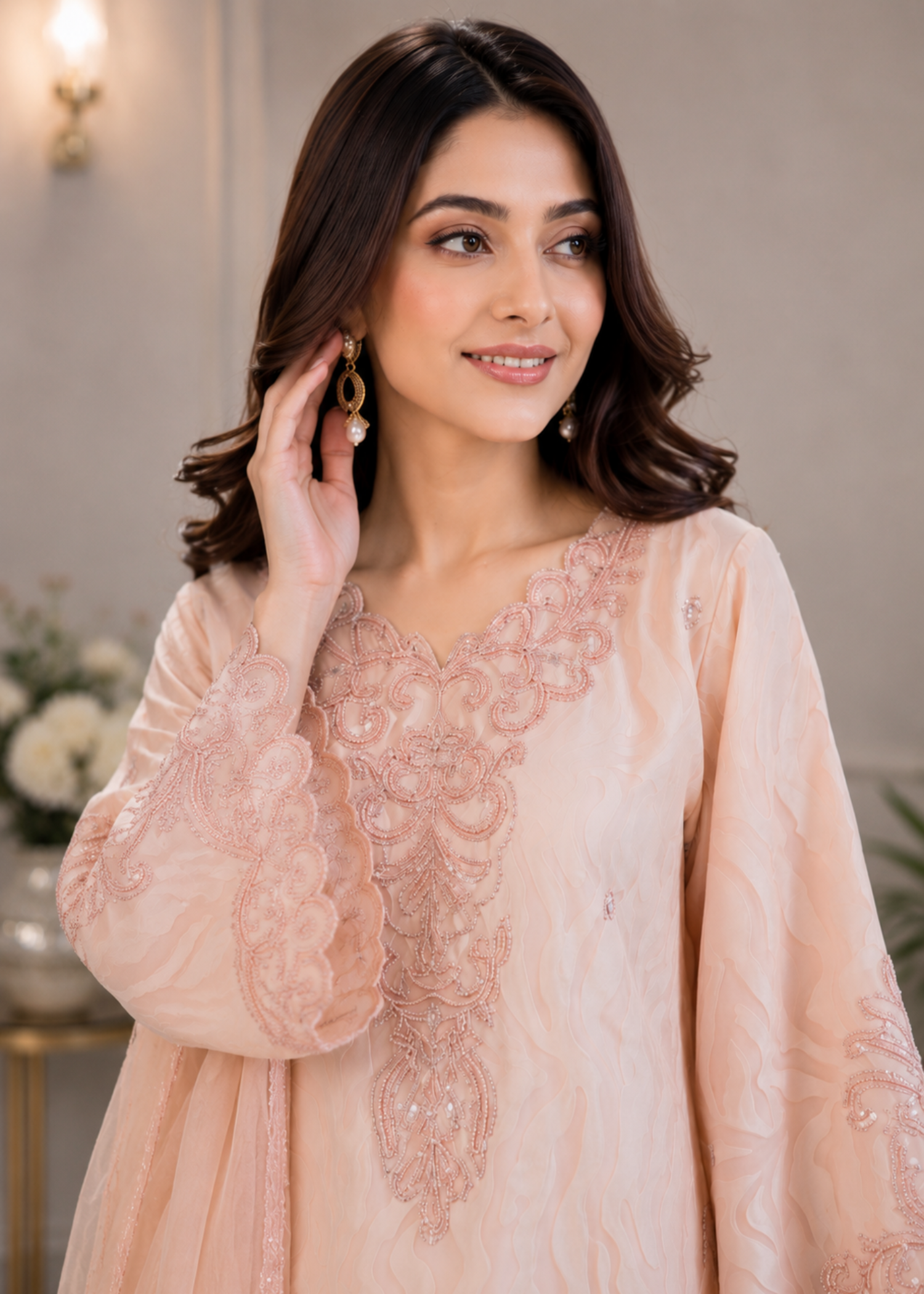 jacquard chiffon Kurta Set in Peach pink
