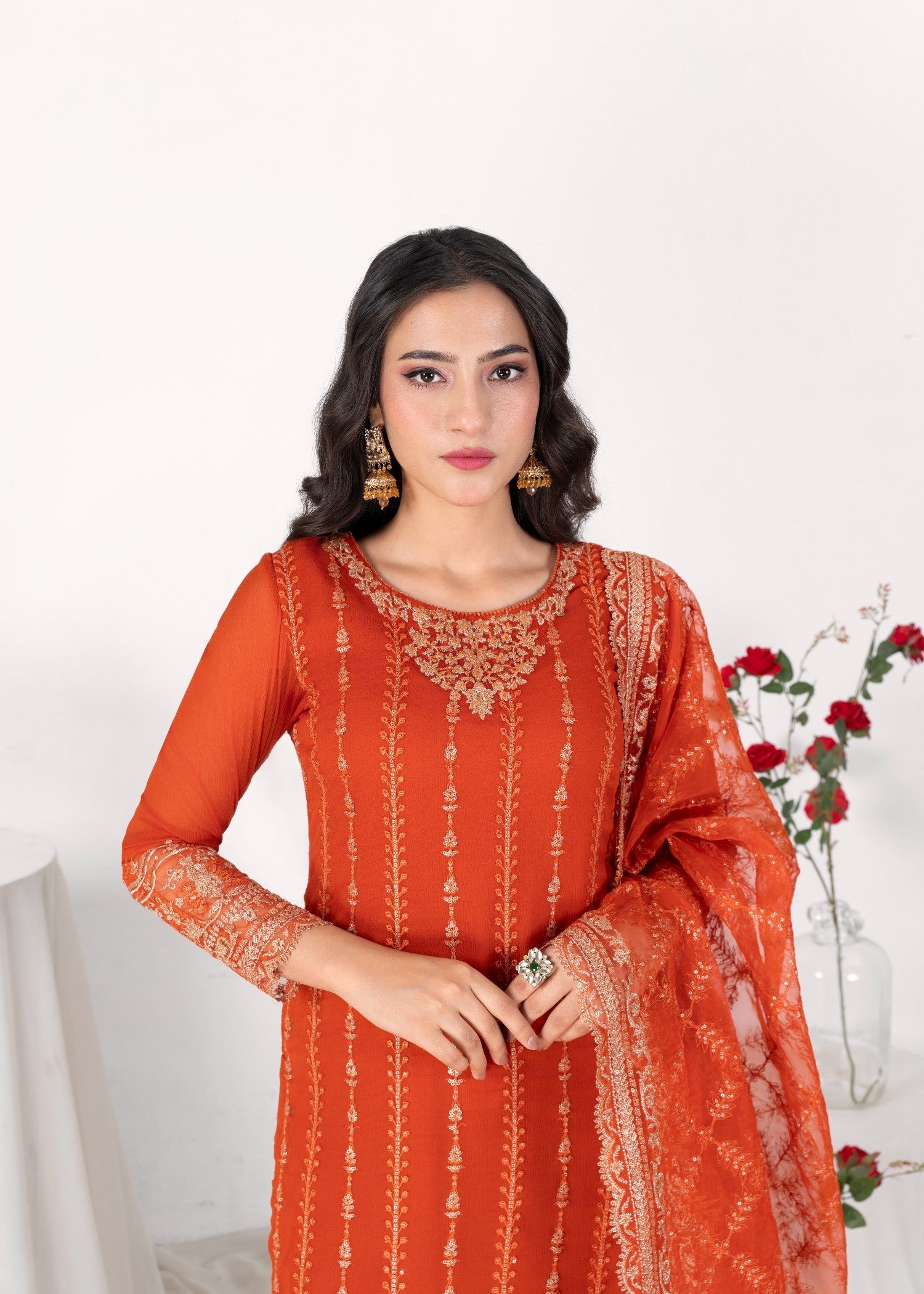 bemberg crinkle chiffon Kurta Set in Copper orange