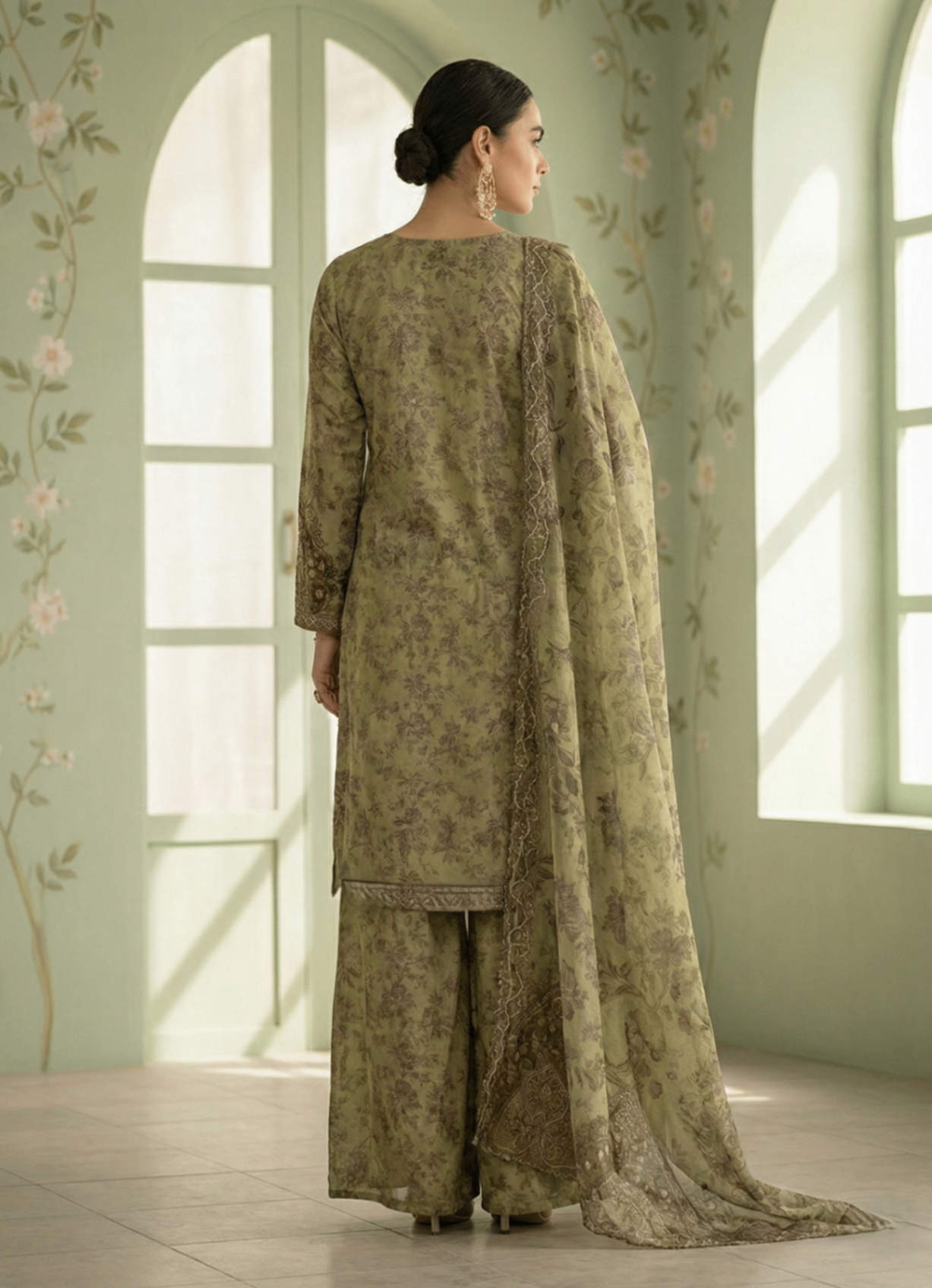 silk finish lawn Kurta Set in Olive green