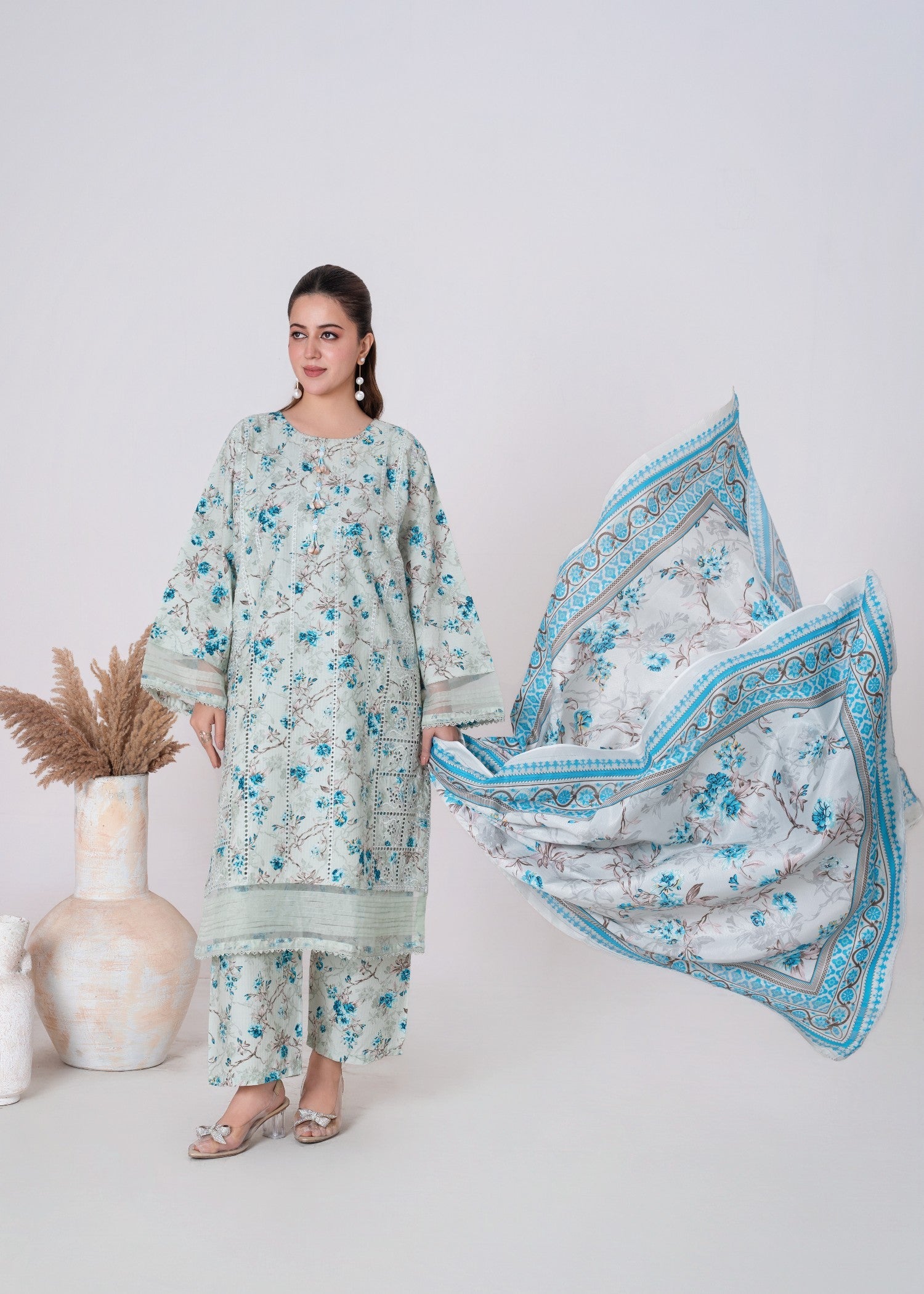 khaddar Kurta Set in White, sky blue