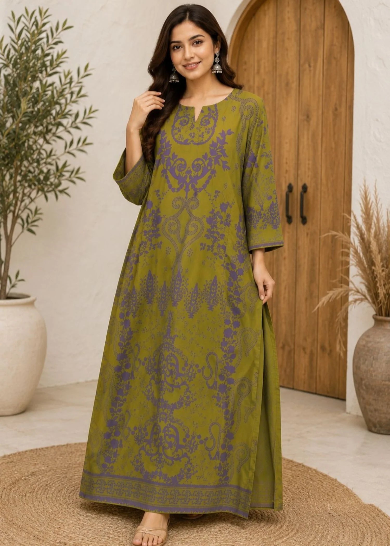 poly lawn Kurti in Olive green