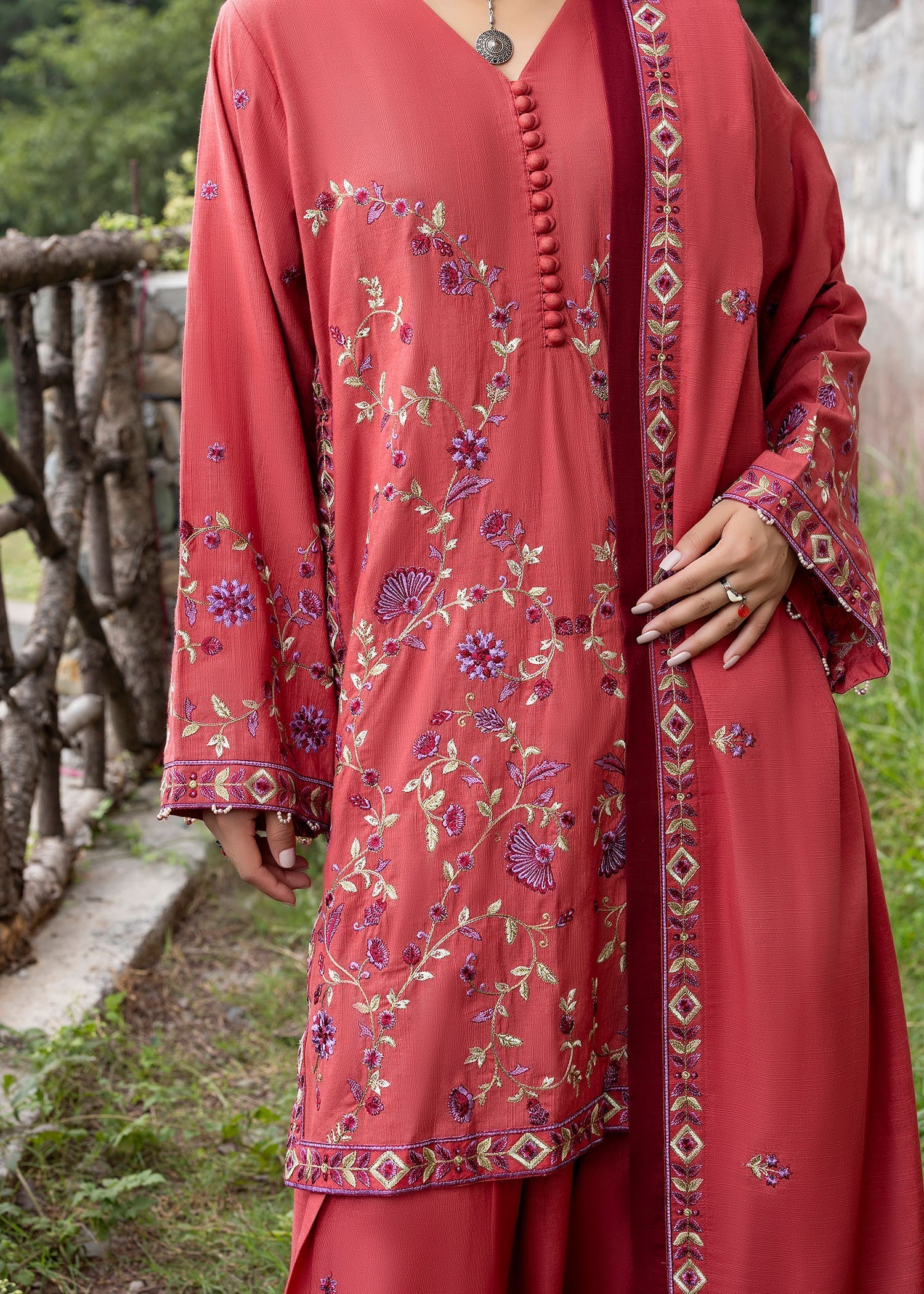 khaddar Kurta Set in Coral red