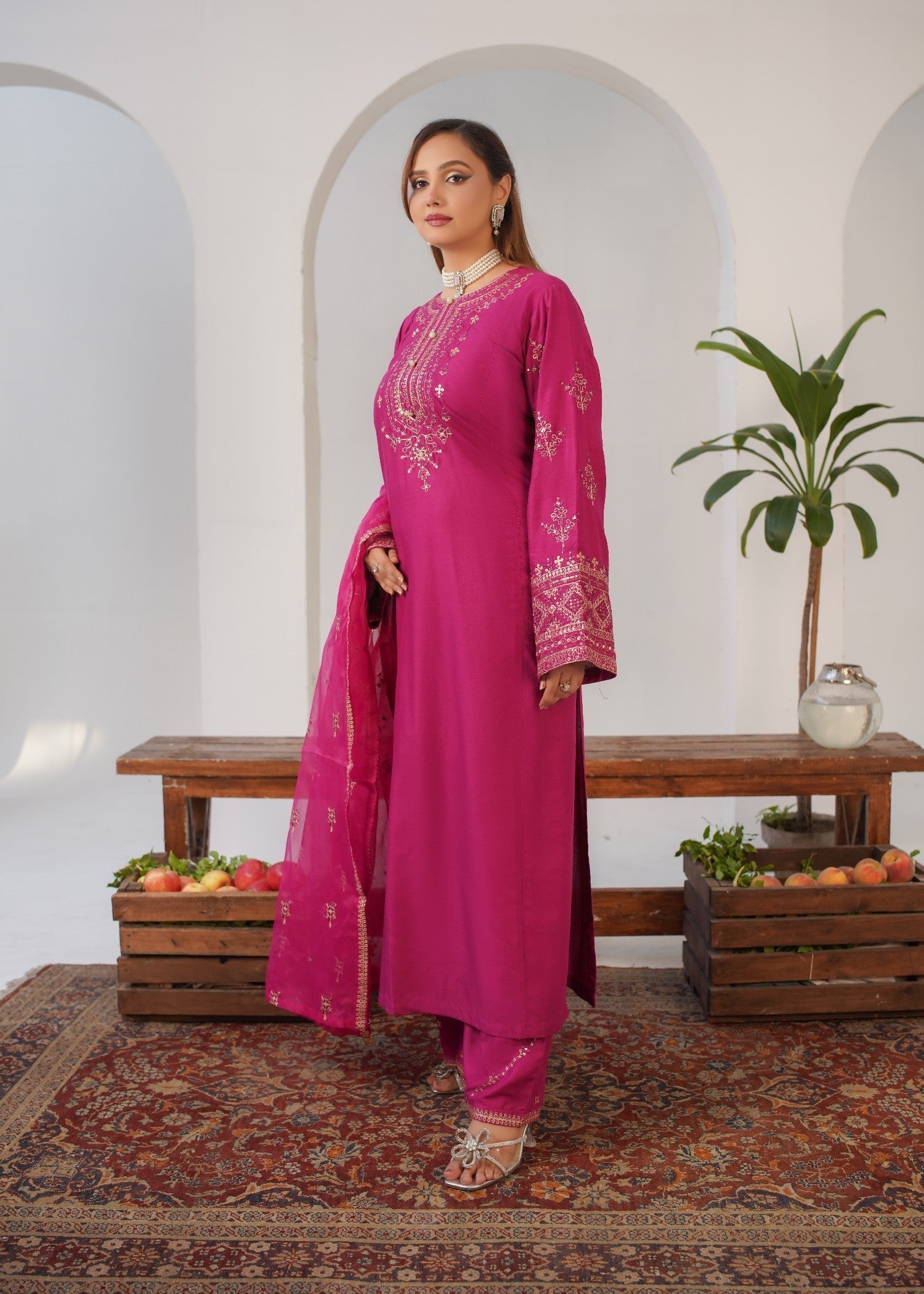 linen Kurta Set in Deep pink