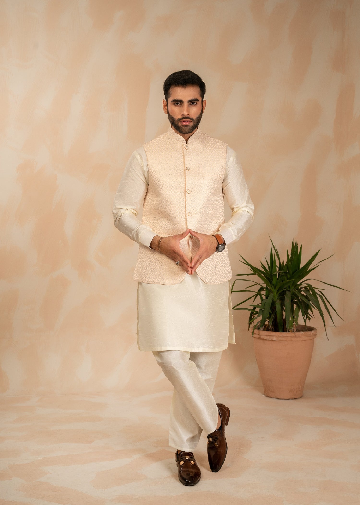 jamawar Waistcoat in Ivory