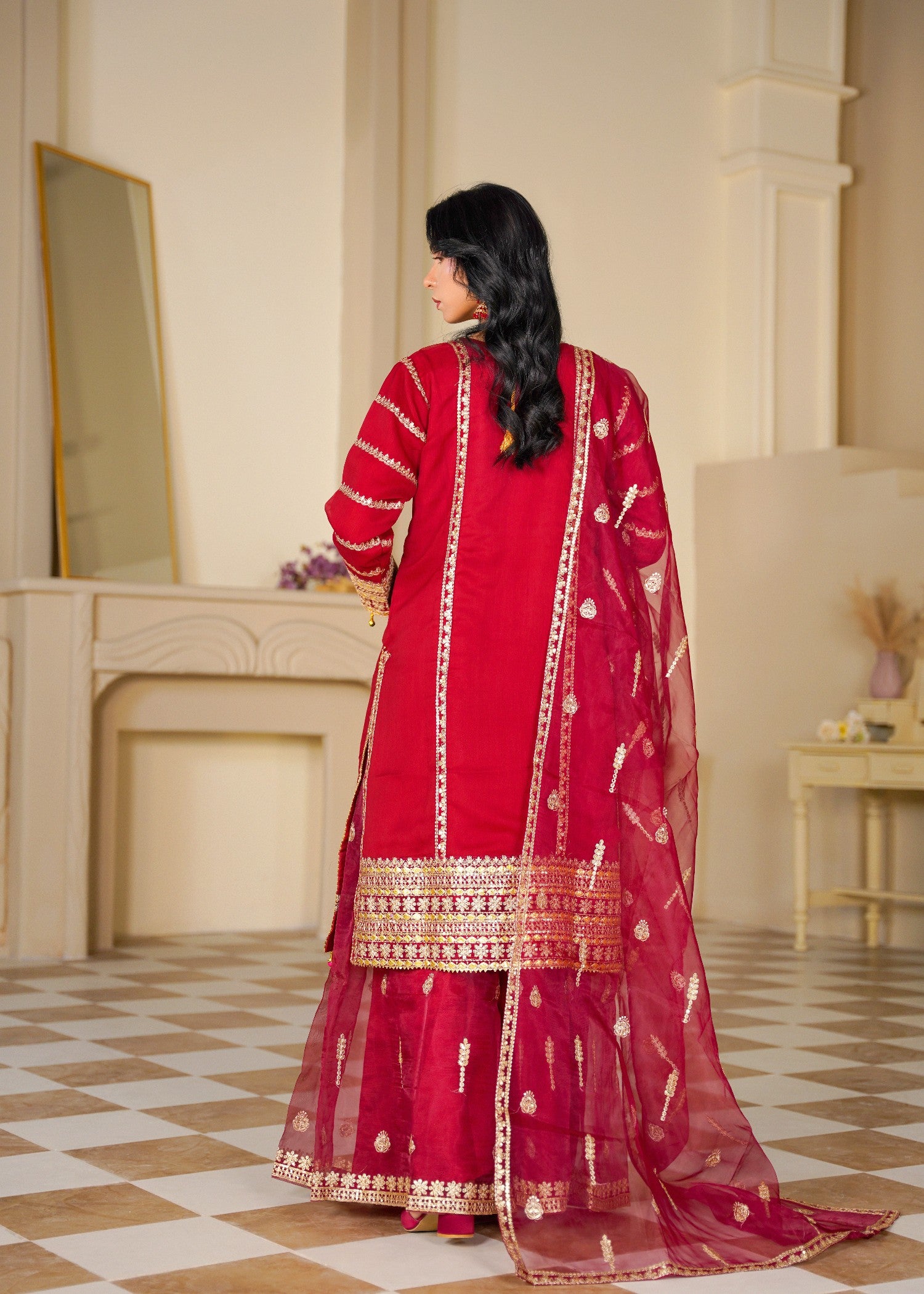 chiffon Sharara in Gold, cherry red