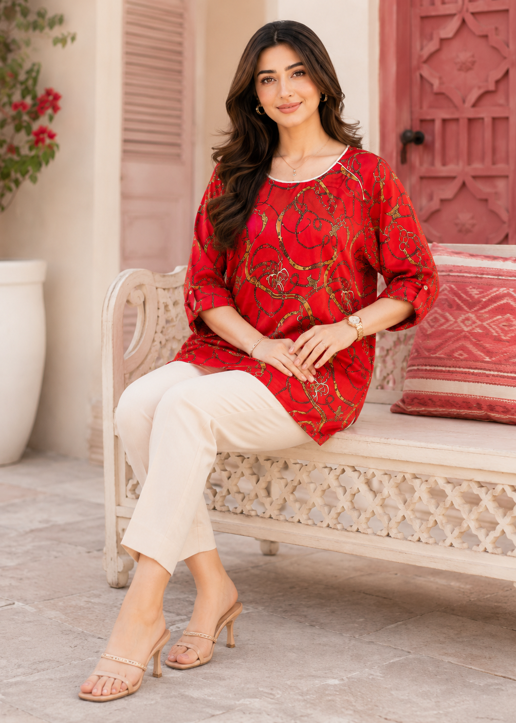 poly silk Tunic in Red